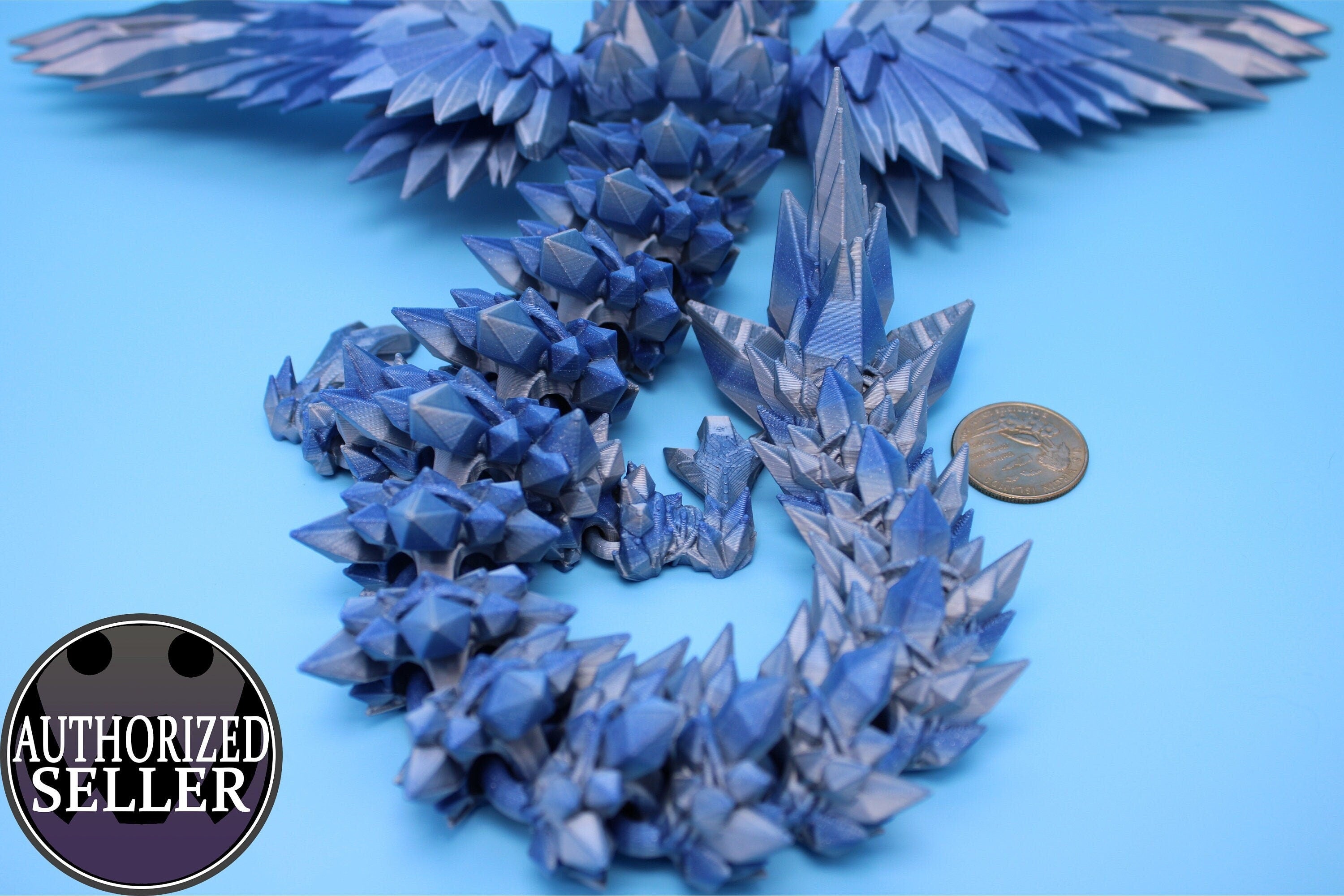 Crystal Winged Dragon | Blue / Silver Crystal Wing Dragon | 3D printed | Articulating Dragon | Fidget Toy | Flexi Toy | 18 in