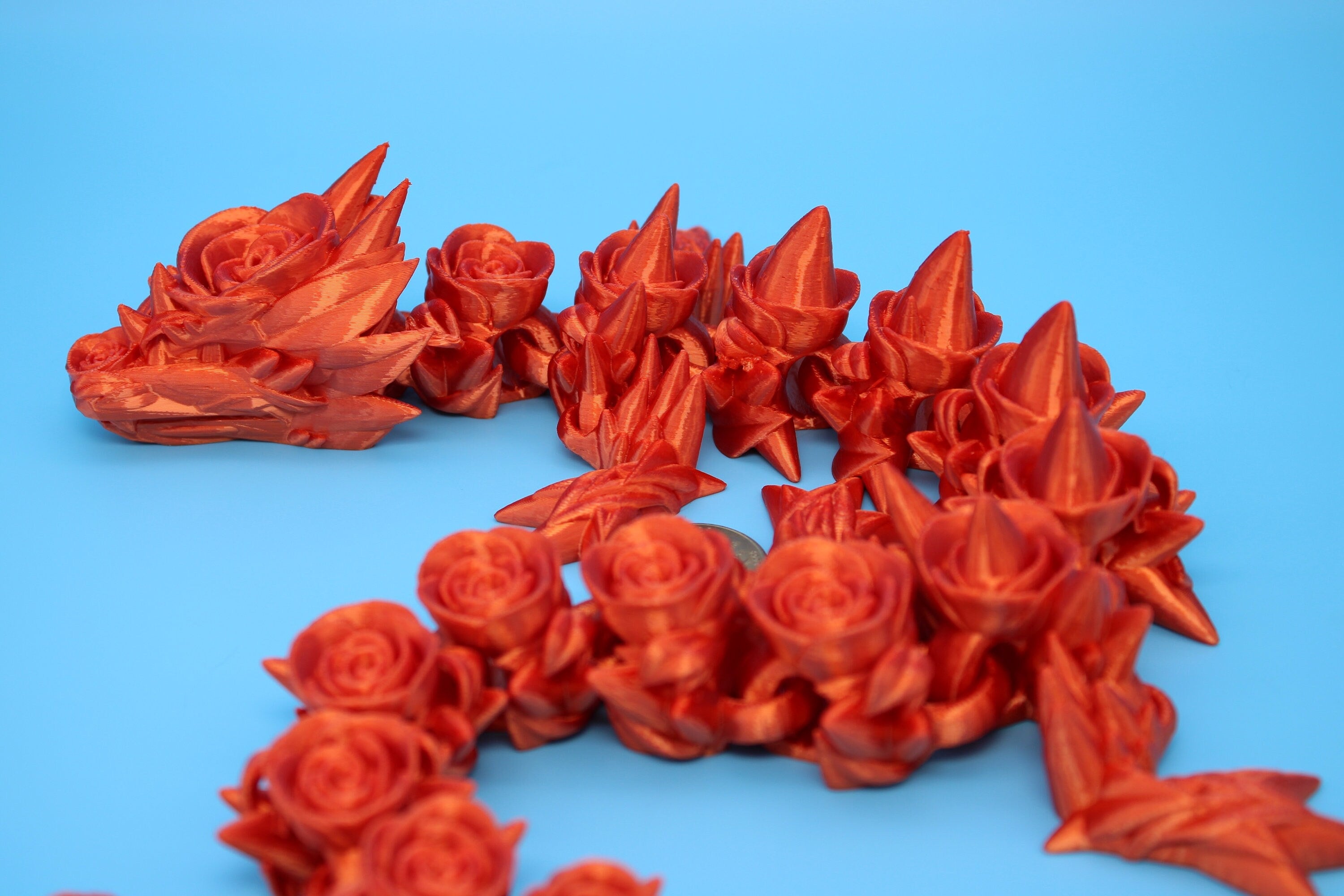 Flawed Orange Rose Articulating Dragon | 3D Printed Fidget, Adult Fidget Toy, Sensory Toy Dragon, 3d Printed Desk Toys. 29 in.