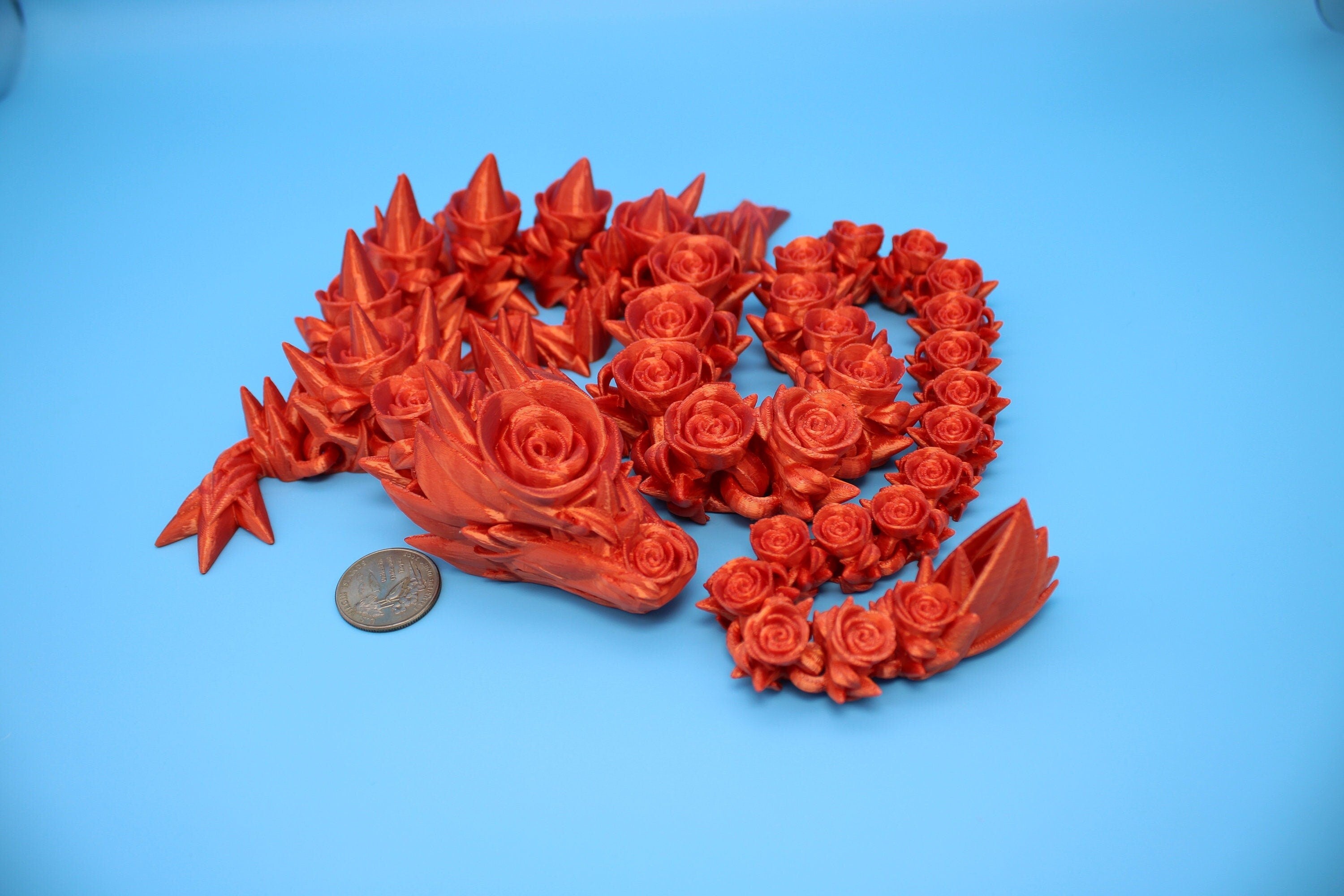 Flawed Orange Rose Articulating Dragon | 3D Printed Fidget, Adult Fidget Toy, Sensory Toy Dragon, 3d Printed Desk Toys. 29 in.