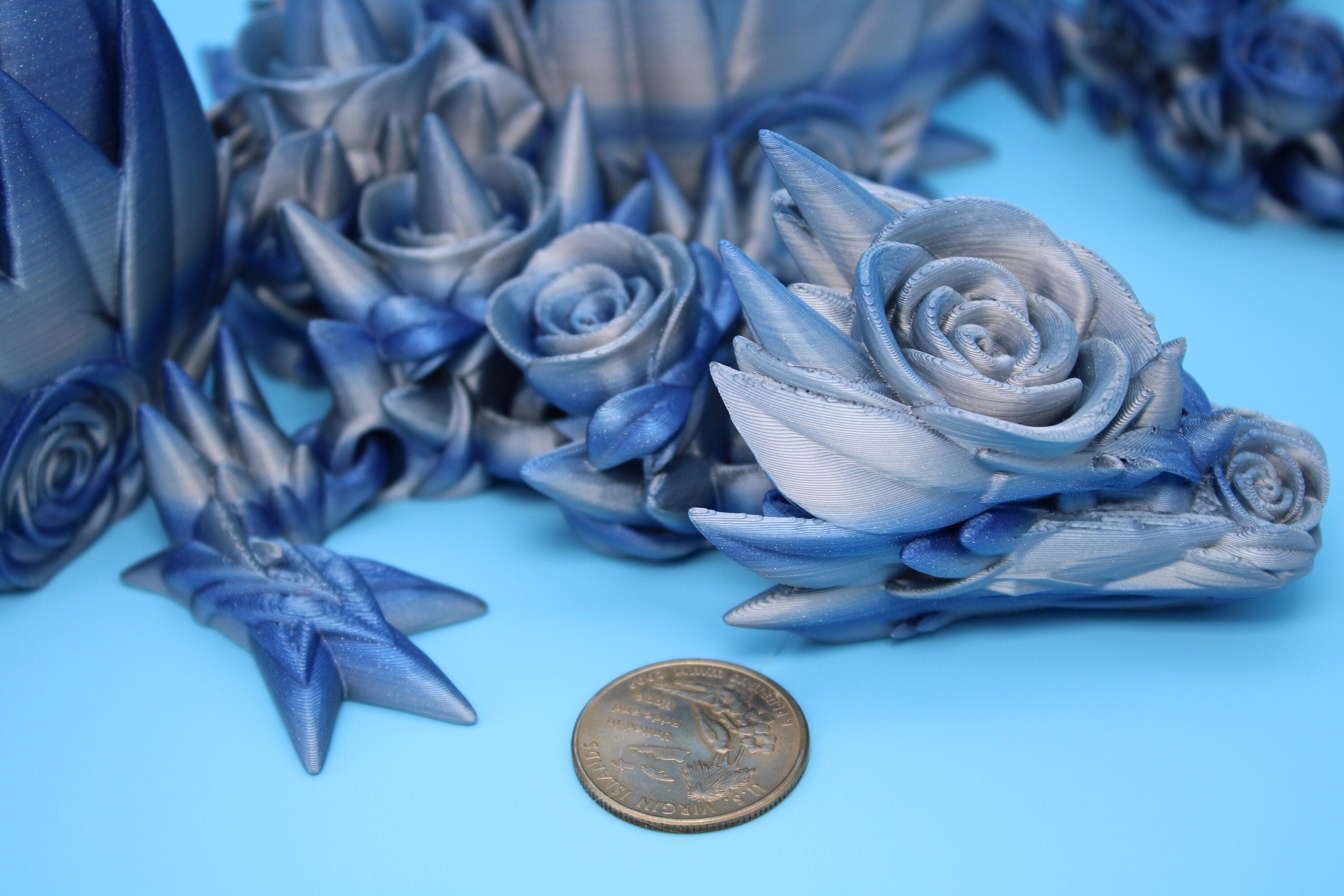 Blue / Silver Rose Wing Articulating Dragon | 3D Printed Fidget | Flexi Toy | Adult Fidget Toy | Sensory Desk Toy | 19 in. | Valentines Day