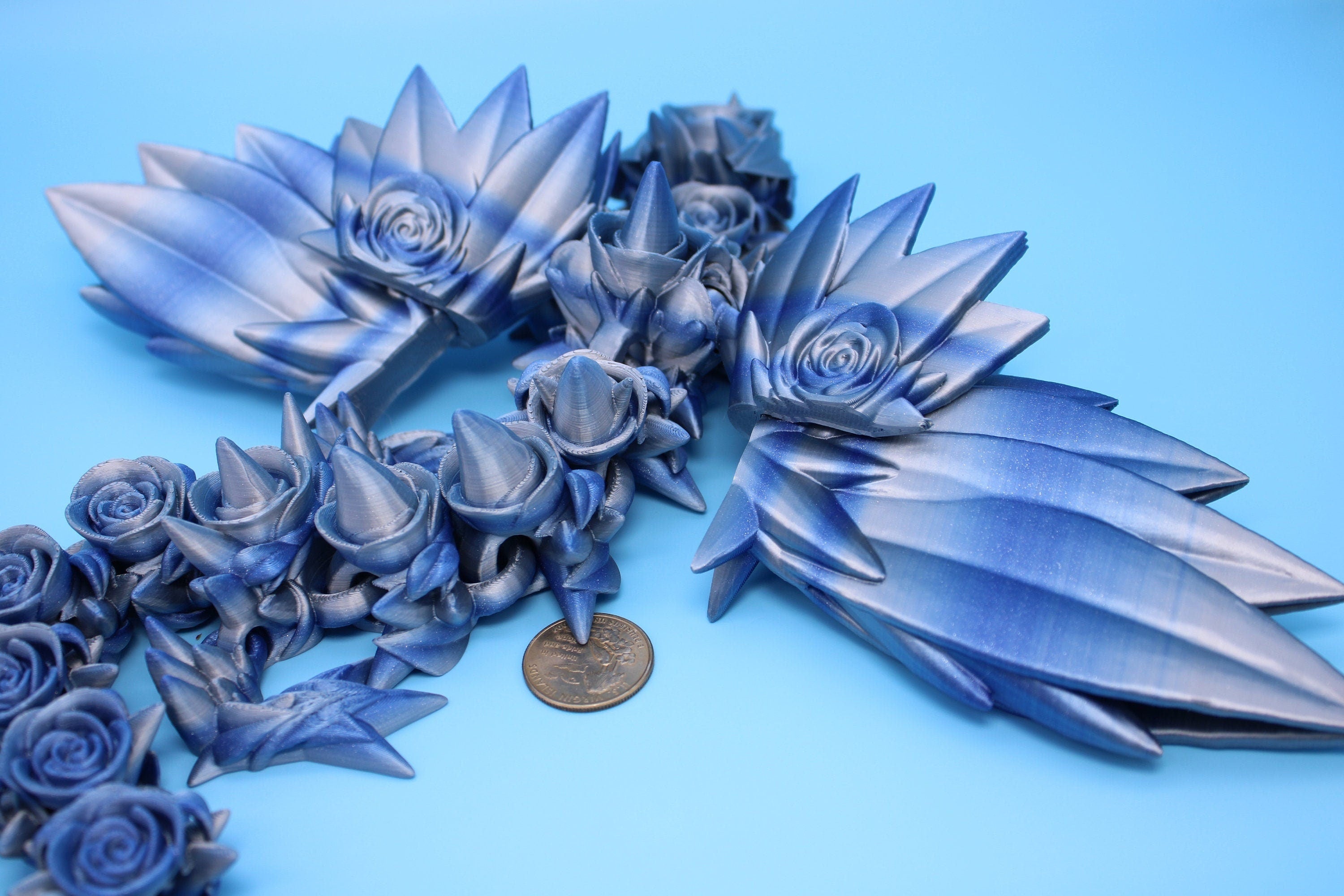 Blue / Silver Rose Wing Articulating Dragon | 3D Printed Fidget | Flexi Toy | Adult Fidget Toy | Sensory Desk Toy | 19 in. | Valentines Day