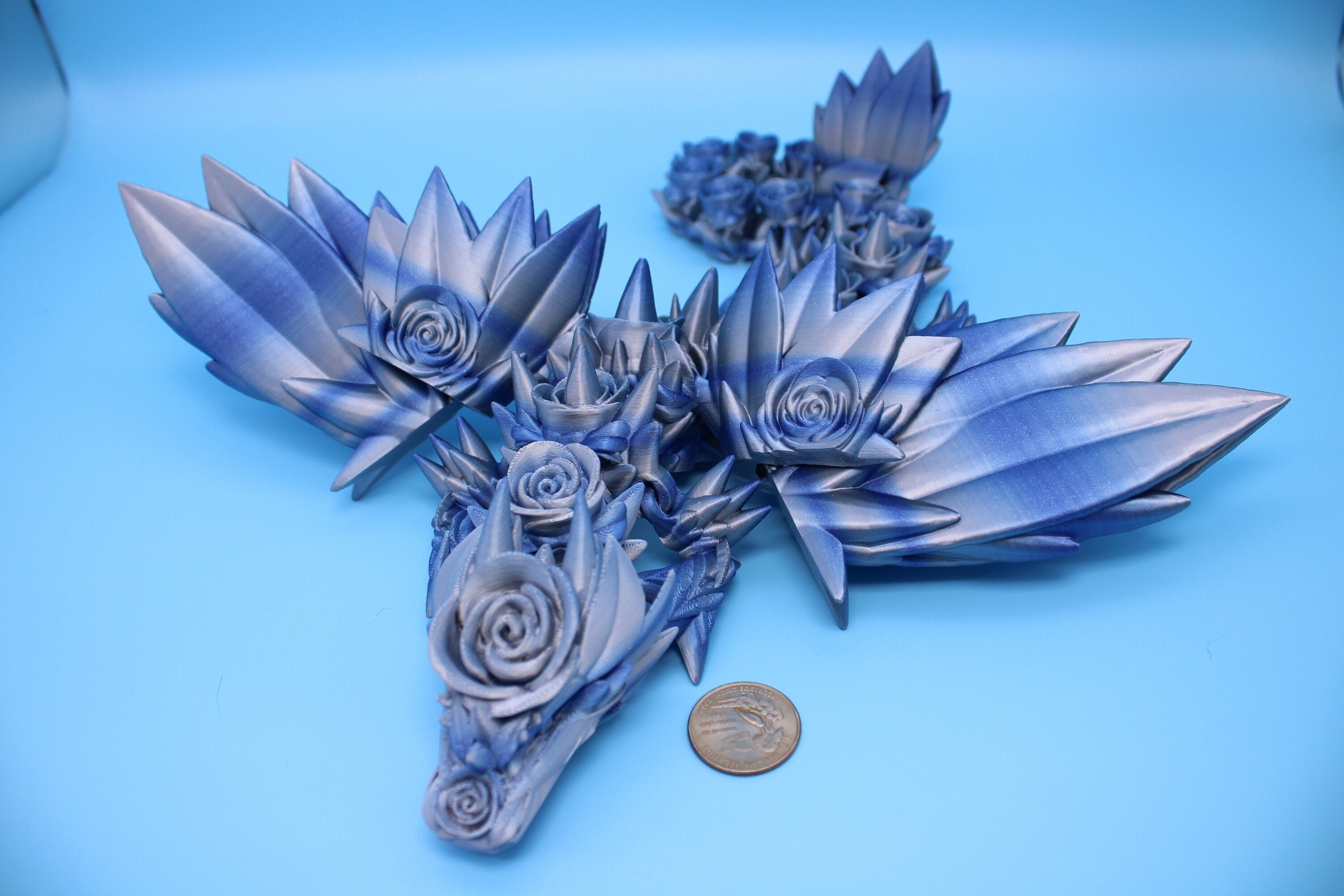 Blue / Silver Rose Wing Articulating Dragon | 3D Printed Fidget | Flexi Toy | Adult Fidget Toy | Sensory Desk Toy | 19 in. | Valentines Day