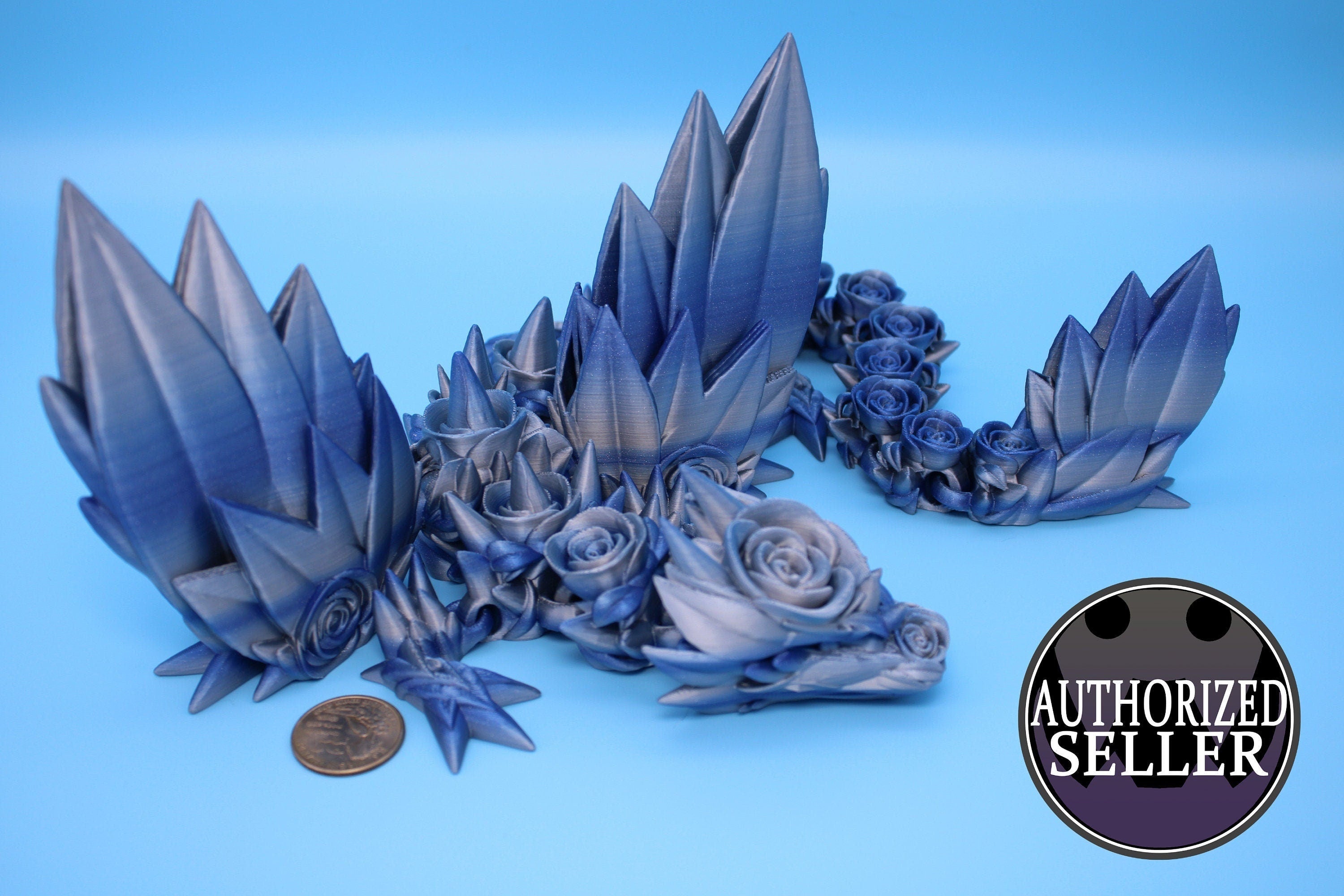 Blue / Silver Rose Wing Articulating Dragon | 3D Printed Fidget | Flexi Toy | Adult Fidget Toy | Sensory Desk Toy | 19 in. | Valentines Day