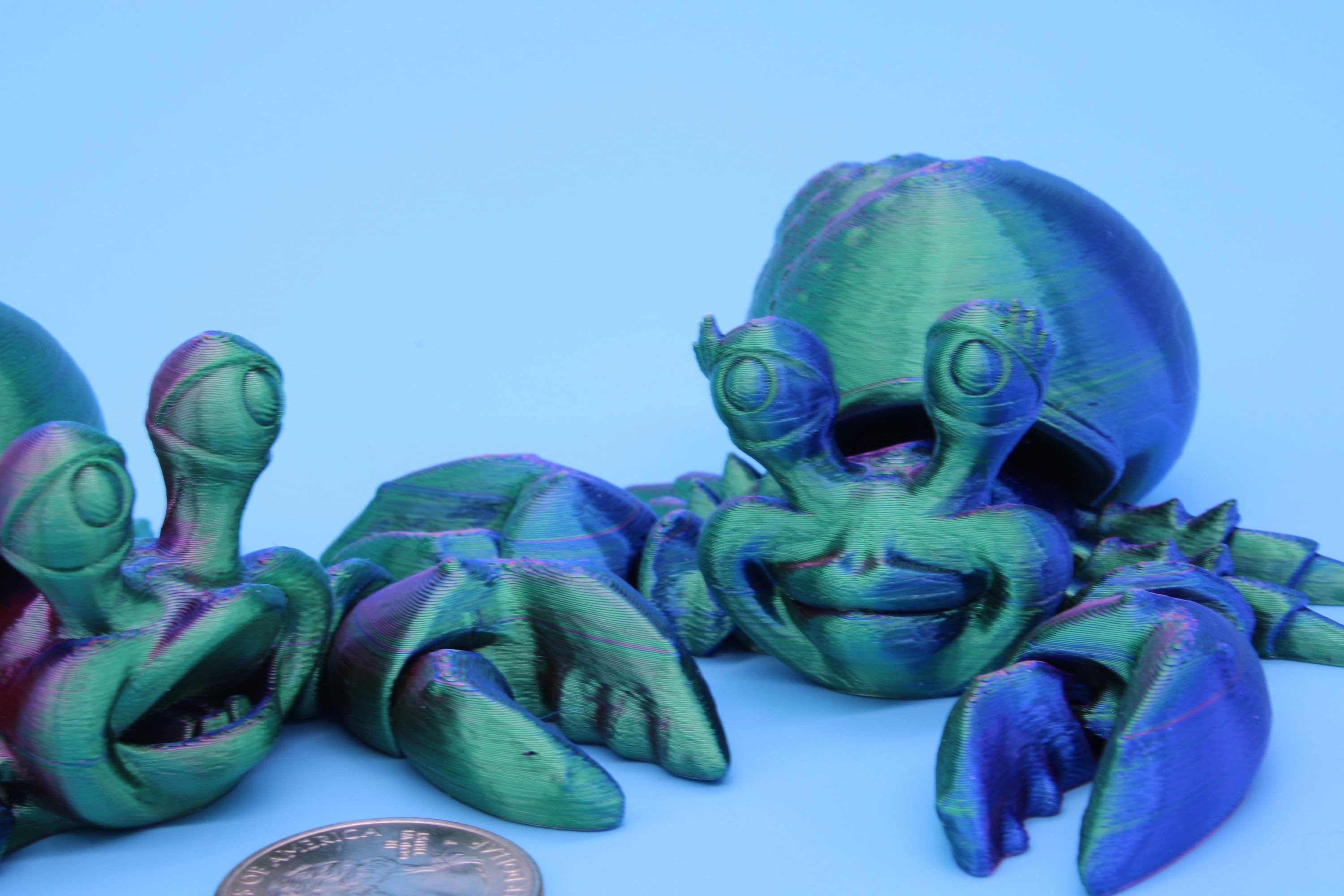 Articulating Multi Color Flexi Hermit Crab Mr. & Mrs. 3D Printed. Super cute, friendly crabs. Great fidget toy, buddy, Sensory toy for all.