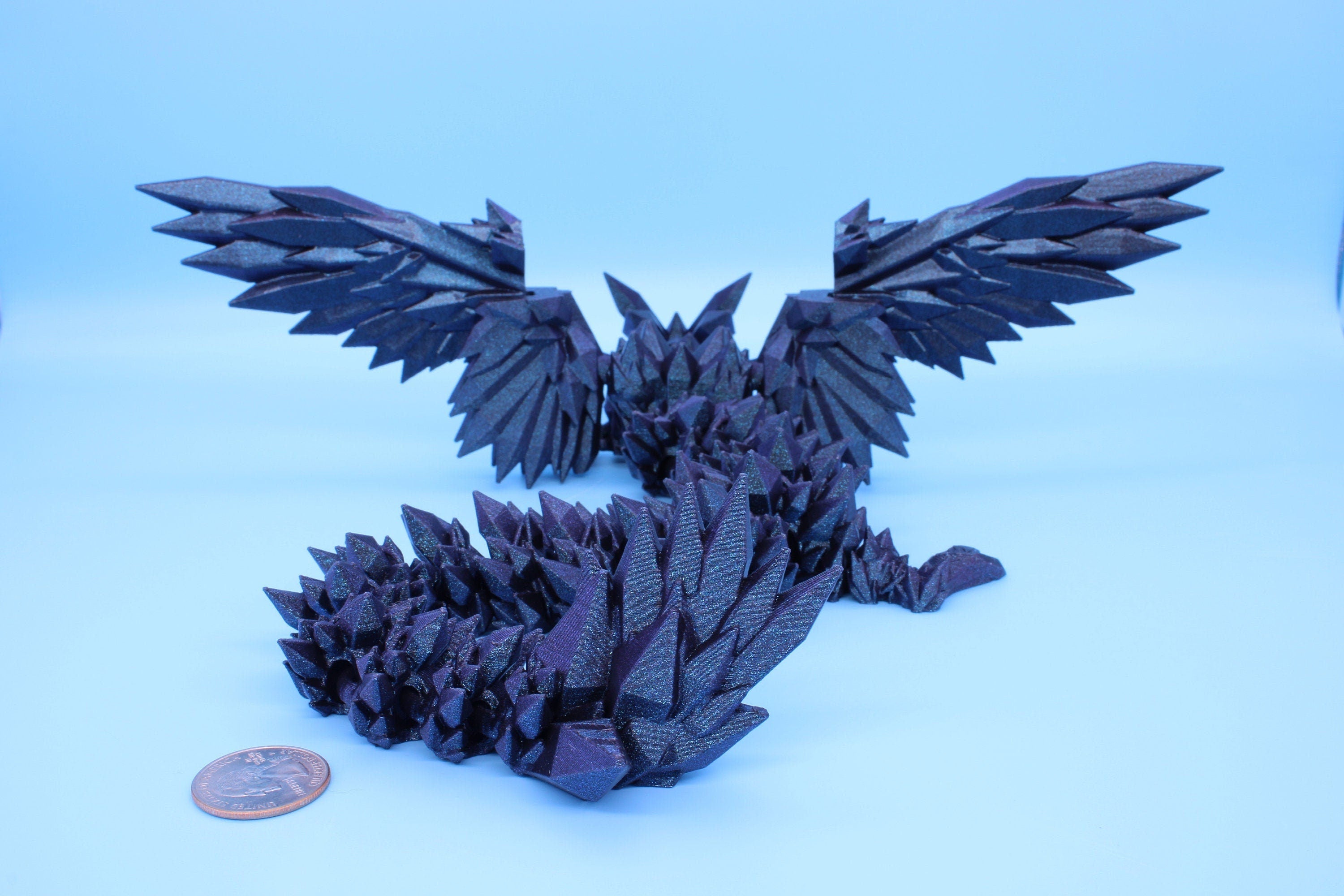 18 in. &quot;Burnt Titanium&quot; Crystal Winged Dragon | Crystal Wing Dragon 3D printed | articulating dragon | Flexi Toy | Stress Relief Gift |