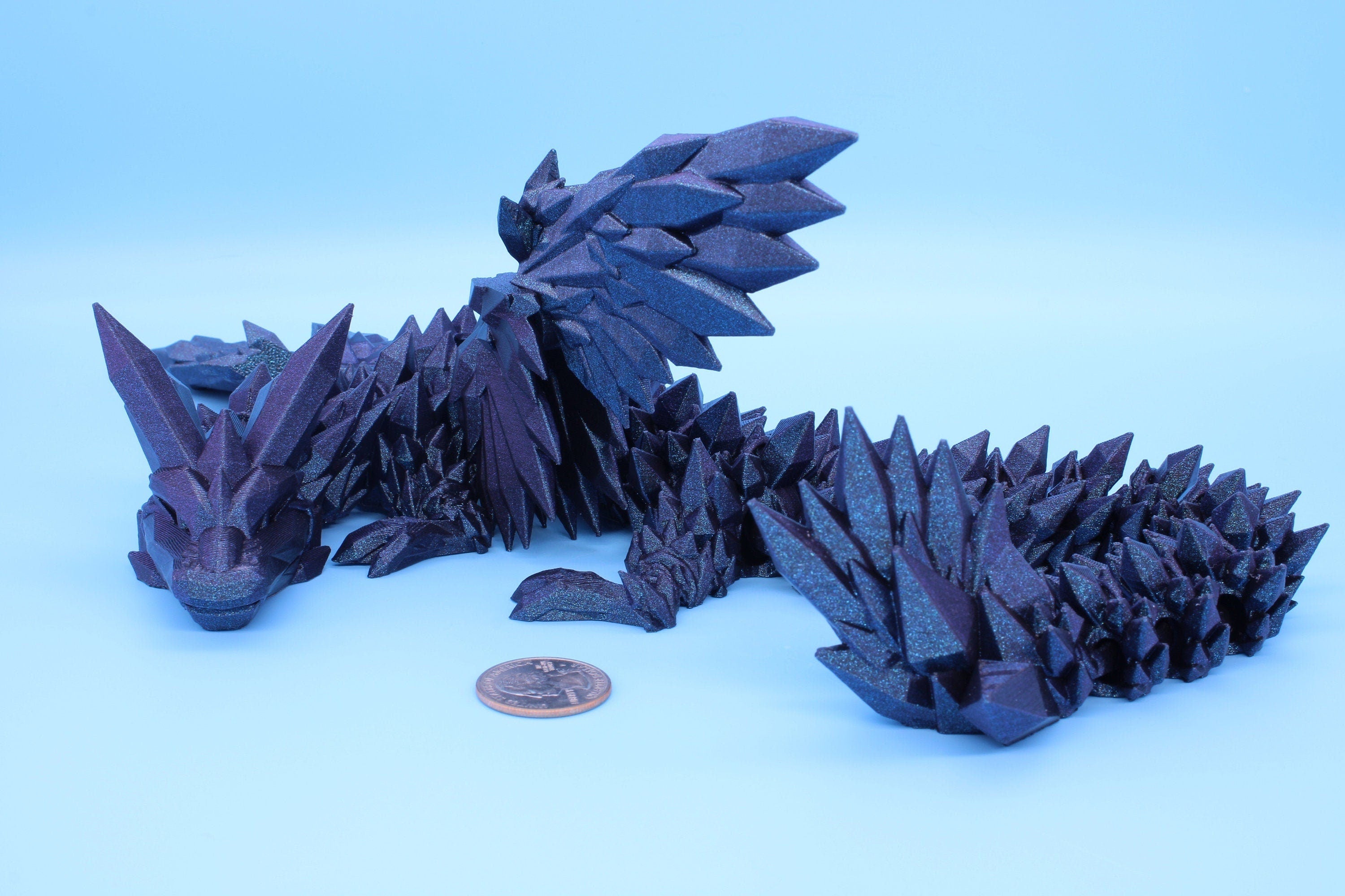 18 in. "Burnt Titanium" Crystal Winged Dragon | Crystal Wing Dragon 3D printed | articulating dragon | Flexi Toy | Stress Relief Gift |