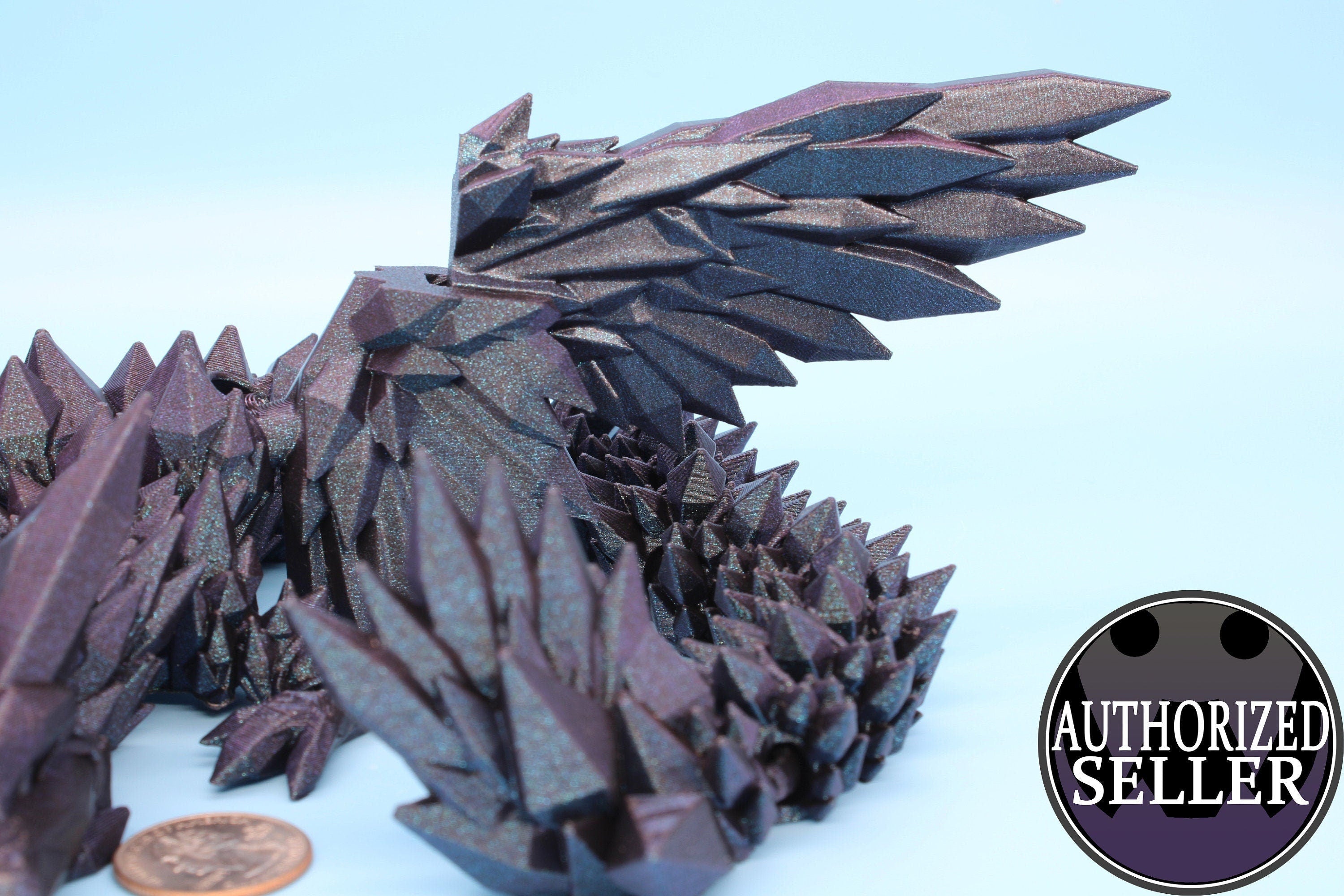 18 in. "Burnt Titanium" Crystal Winged Dragon | Crystal Wing Dragon 3D printed | articulating dragon | Flexi Toy | Stress Relief Gift |