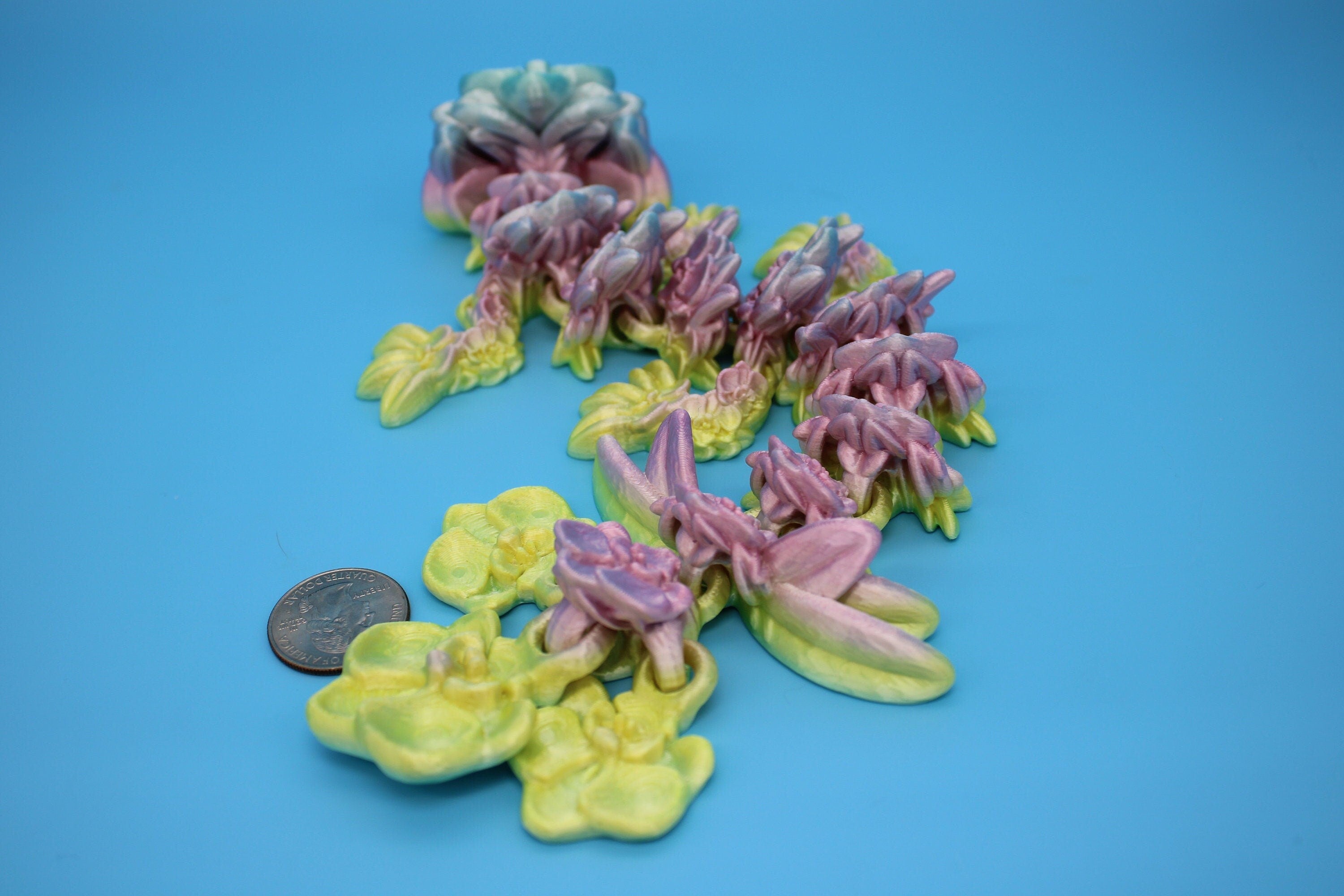 Baby Multi Color Orchid Dragon | 3D Printed Articulating Dragon | Flexi Toy | Adult Fidget Toy | Dragon Buddy ready for you! 12.5 inch.