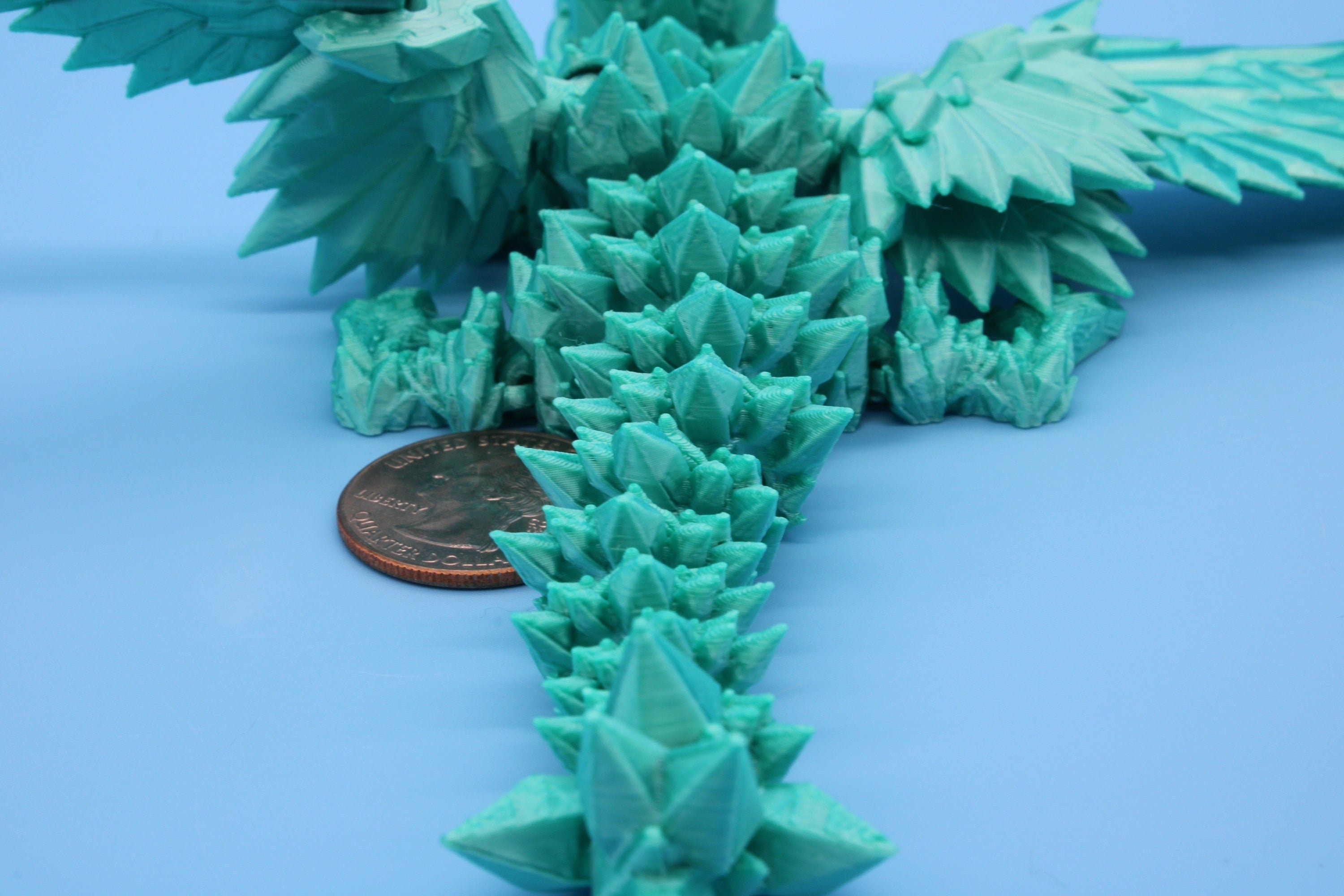 Miniature Teal Crystal Winged Dragon | 3D printed articulating dragon Fidget | Flexi Toy 7 in. head to tail | Stress Relief Gift