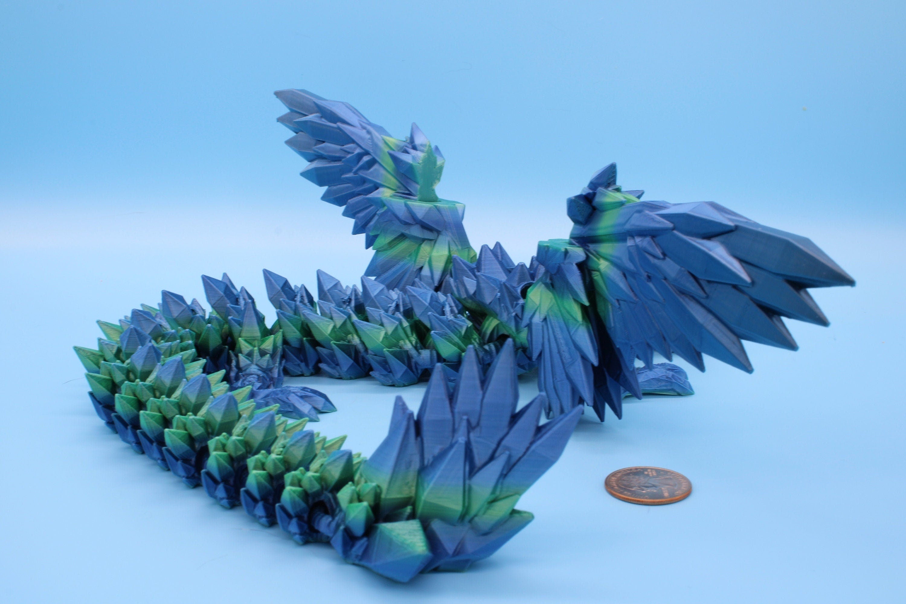 Flawed Blue / Green Crystal Winged Dragon. Crystal Wing Dragon 3D printed articulating dragon. flexi Toy, 18 in. Stress Relief, Gift.