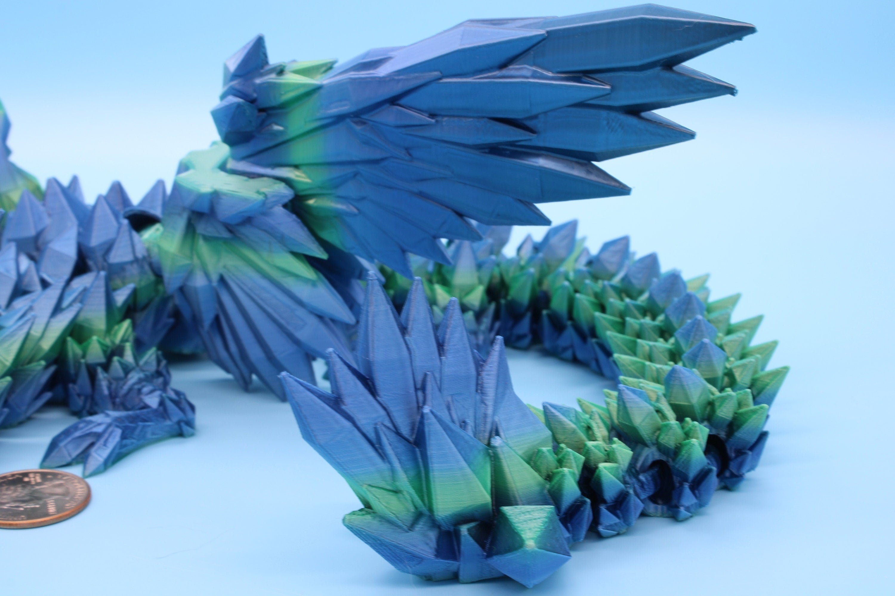 Flawed Blue / Green Crystal Winged Dragon. Crystal Wing Dragon 3D printed articulating dragon. flexi Toy, 18 in. Stress Relief, Gift.