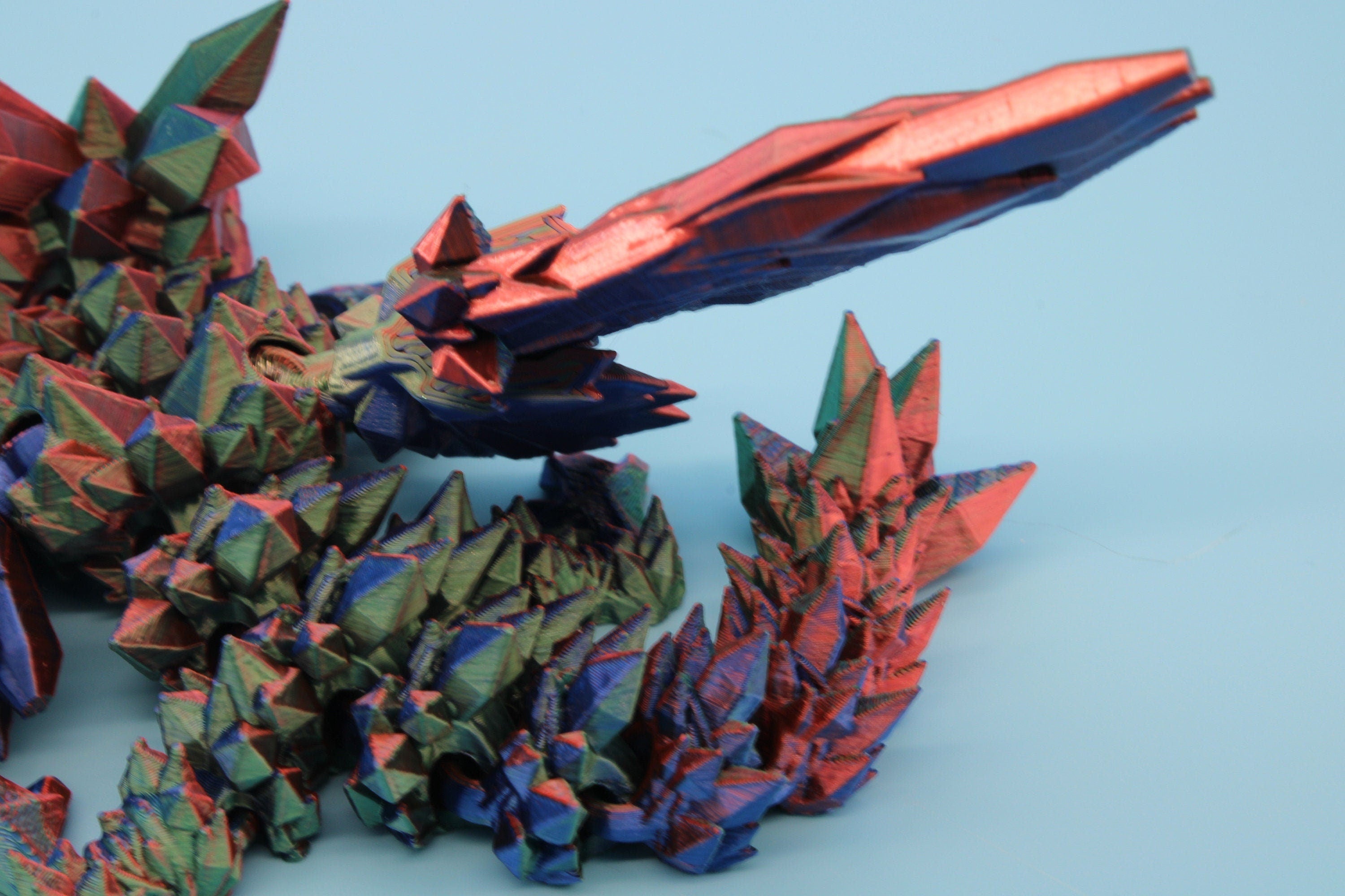 Miniature Tri Color Crystal Winged Dragon | 3D printed articulating dragon Fidget | Flexi Toy 7 in. head to tail | Stress Relief Gift