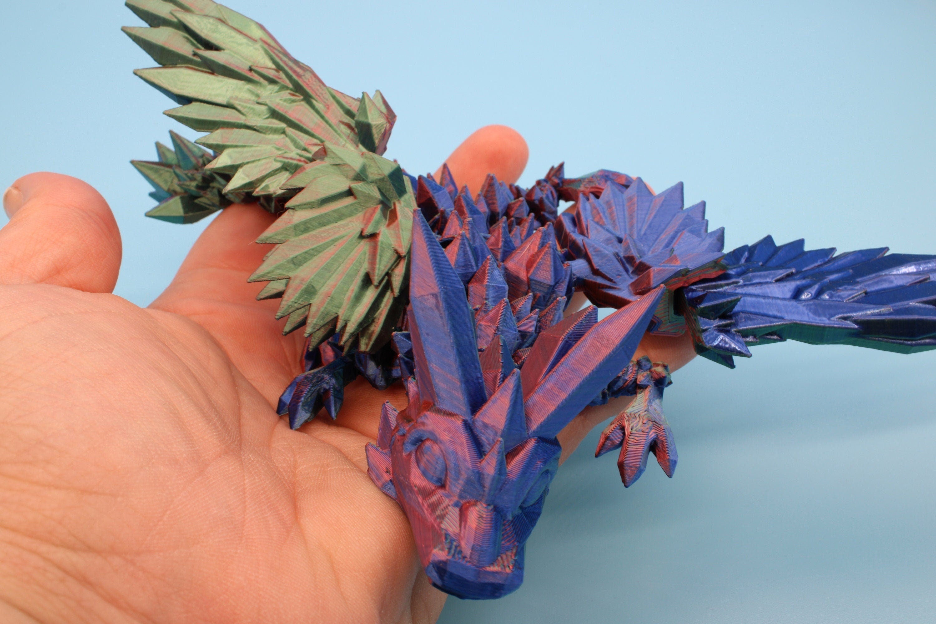 Miniature Tri Color Crystal Winged Dragon | 3D printed articulating dragon Fidget | Flexi Toy 7 in. head to tail | Stress Relief Gift