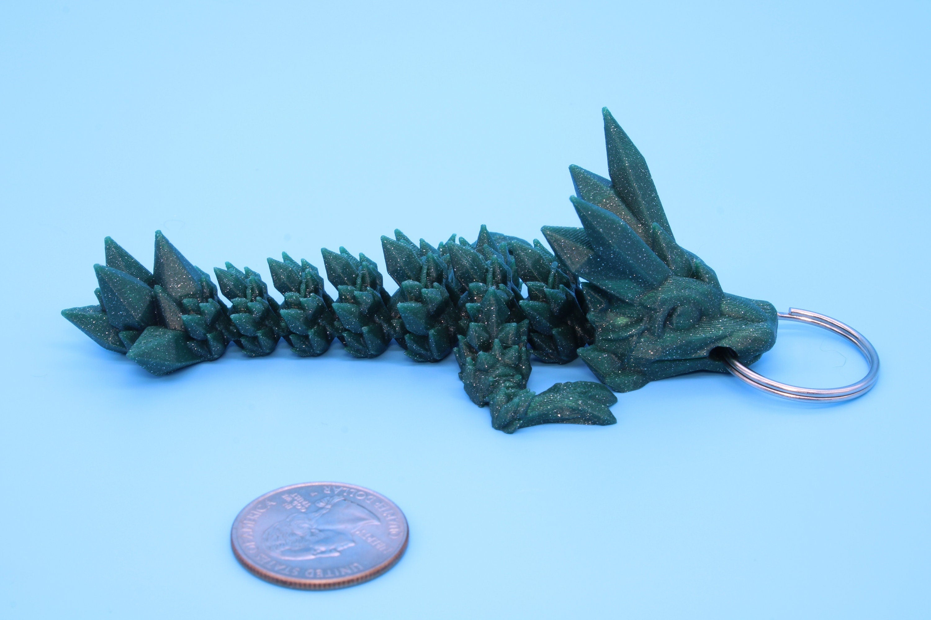 Green Baby Crystal Dragon Keychain | 3D Printed Crystal Dragon | 4.5 inches Dragon Friend | Sensory Toy | Fidget Toy | Flexi Dragon.