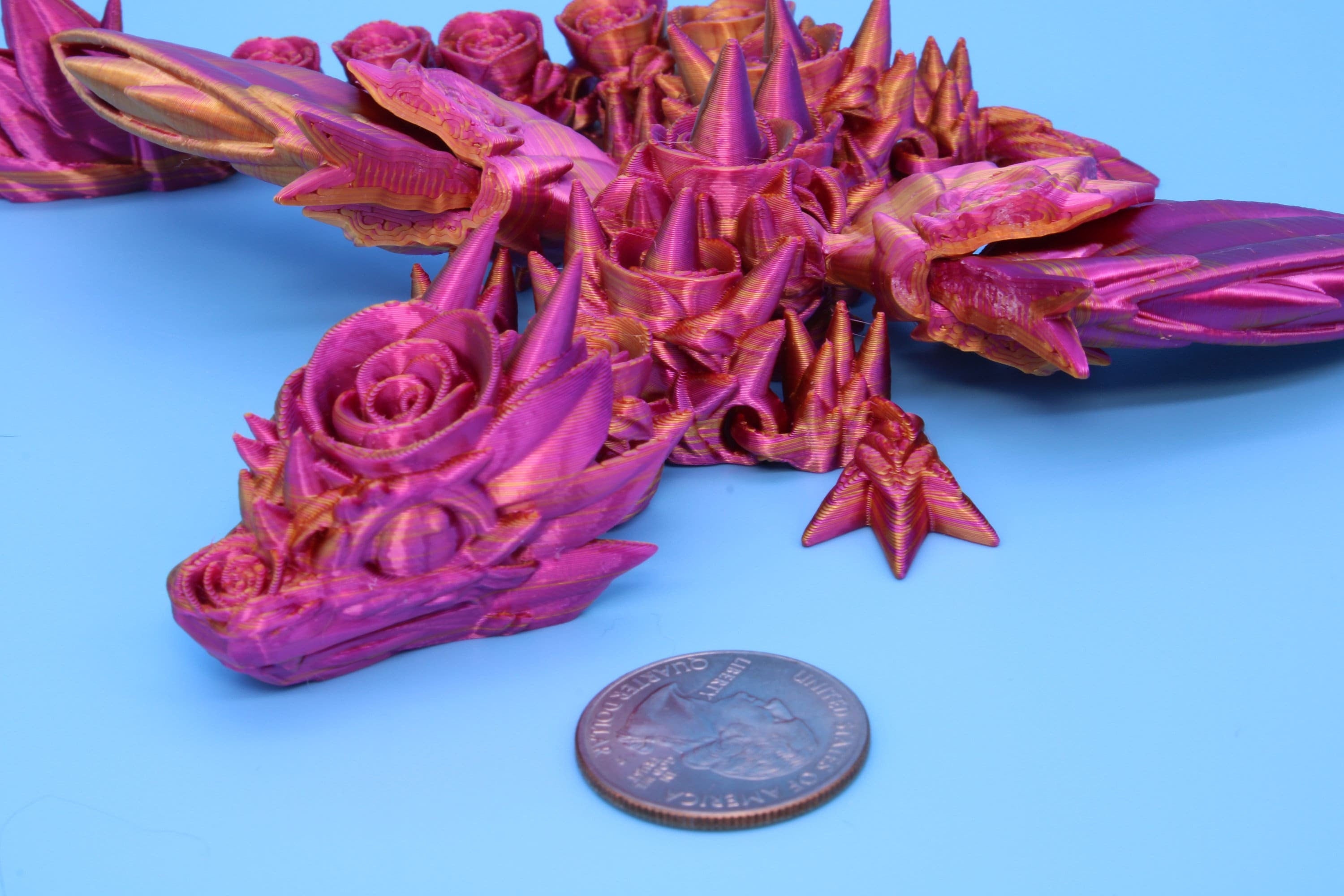 Miniature Baby Rose Wing Dragon | Pink & Gold | 3D printed articulating Toy Fidget | Flexi Toy 8.5 in. head to tail | Stress Relief Gift
