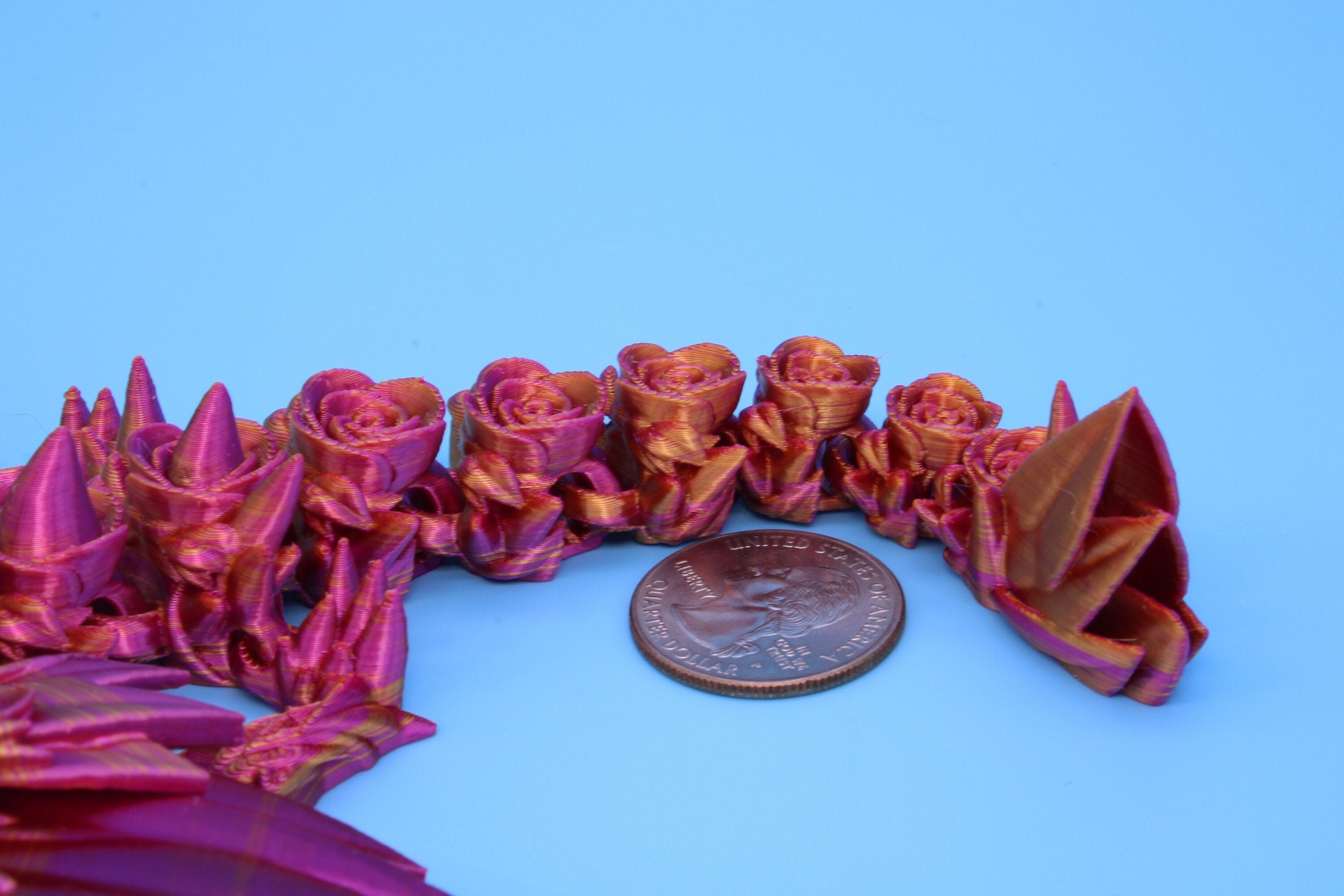 Miniature Baby Rose Wing Dragon | Pink & Gold | 3D printed articulating Toy Fidget | Flexi Toy 8.5 in. head to tail | Stress Relief Gift