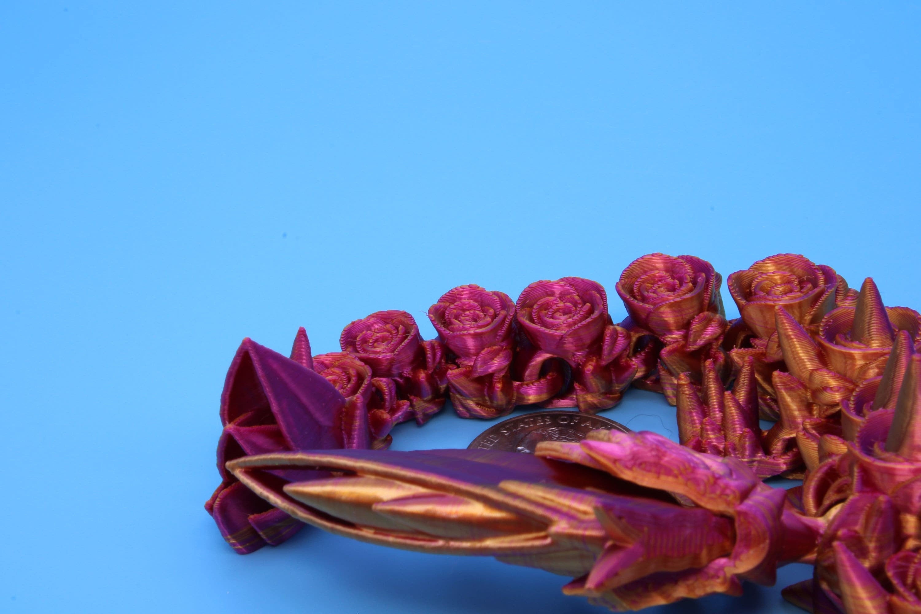 Miniature Baby Rose Wing Dragon | Pink & Gold | 3D printed articulating Toy Fidget | Flexi Toy 8.5 in. head to tail | Stress Relief Gift