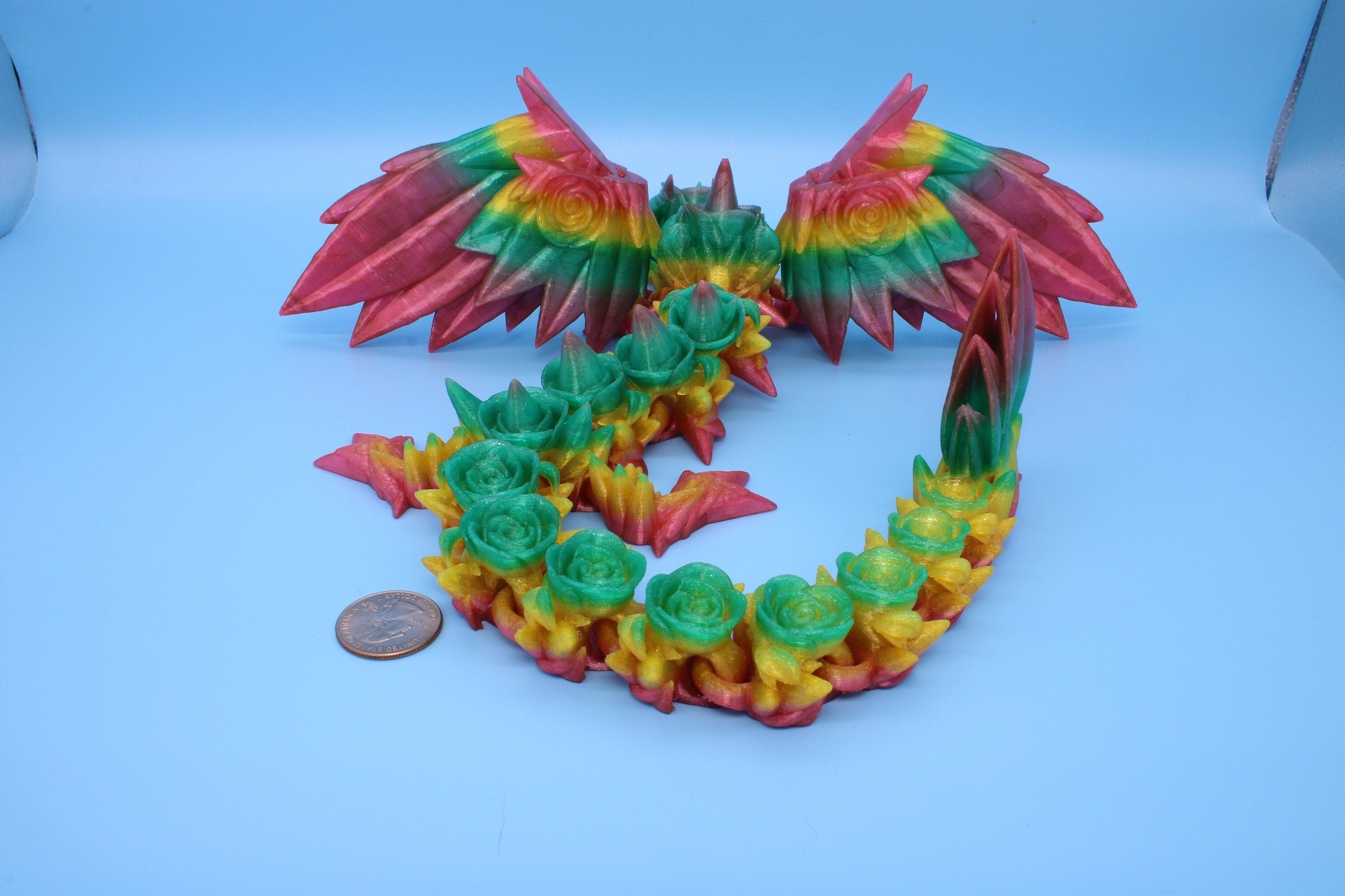 Flexible Rainbow Rose Wing Articulating Dragon | 3D Printed Fidget | Flexi Toy | Adult Fidget Toy | Sensory Desk Toy | 19 in. | (TPU).