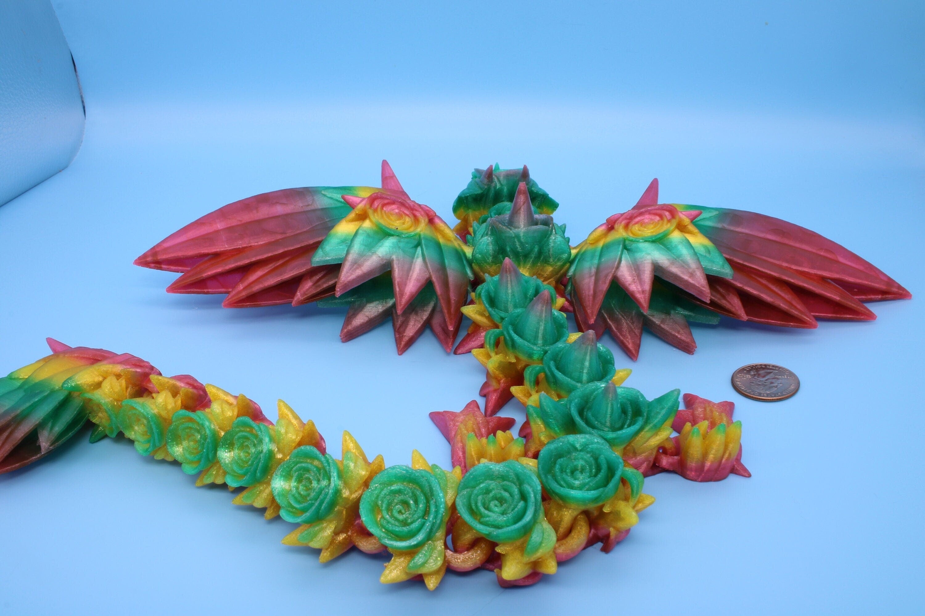 Flexible Rainbow Rose Wing Articulating Dragon | 3D Printed Fidget | Flexi Toy | Adult Fidget Toy | Sensory Desk Toy | 19 in. | (TPU).