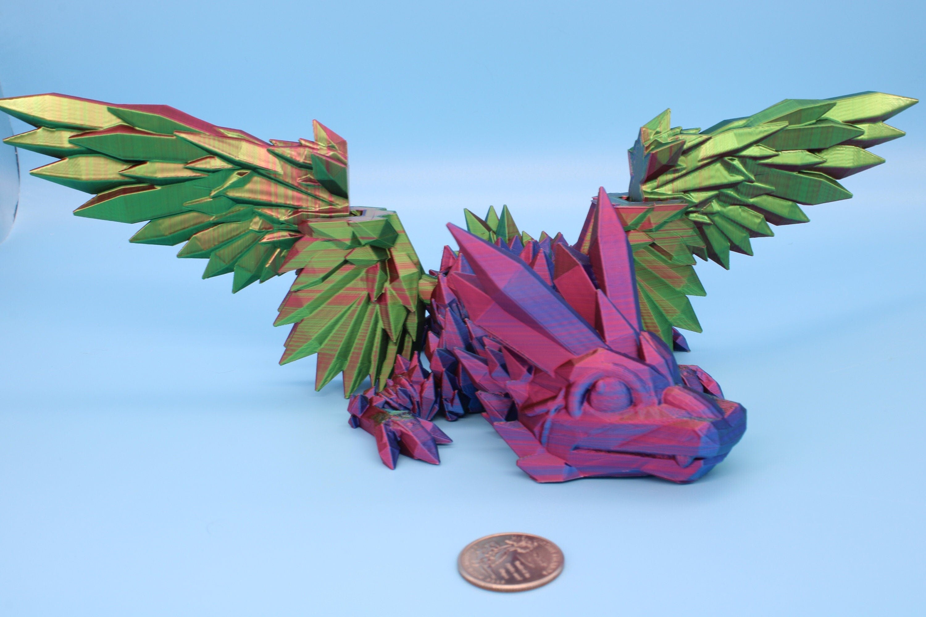 Multi Color, Rainbow Baby Crystal Winged Dragon. 3D printed articulating dragon Fidget, Flexi, Toy 11.5 in. Stress Relief, Gift.