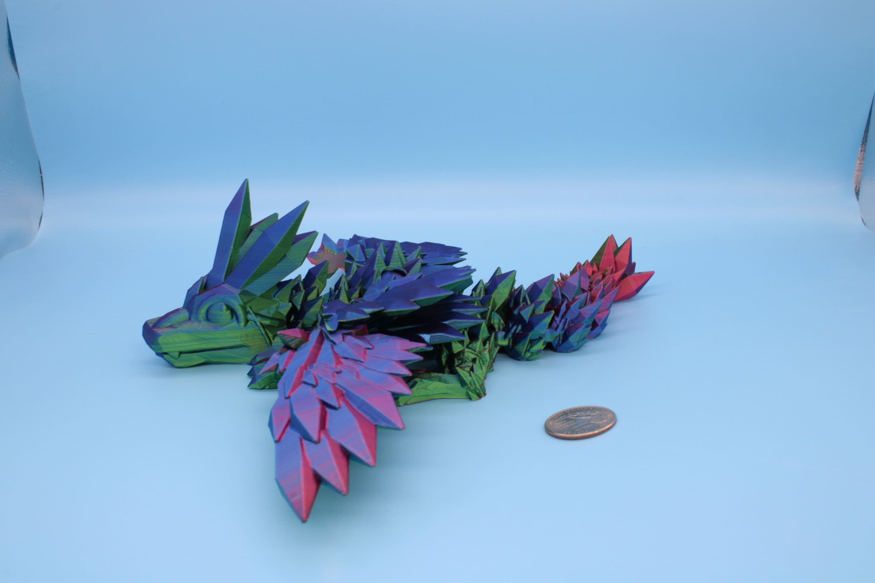 Multi Color, Rainbow Baby Crystal Winged Dragon. 3D printed articulating dragon Fidget, Flexi, Toy 11.5 in. Stress Relief, Gift.
