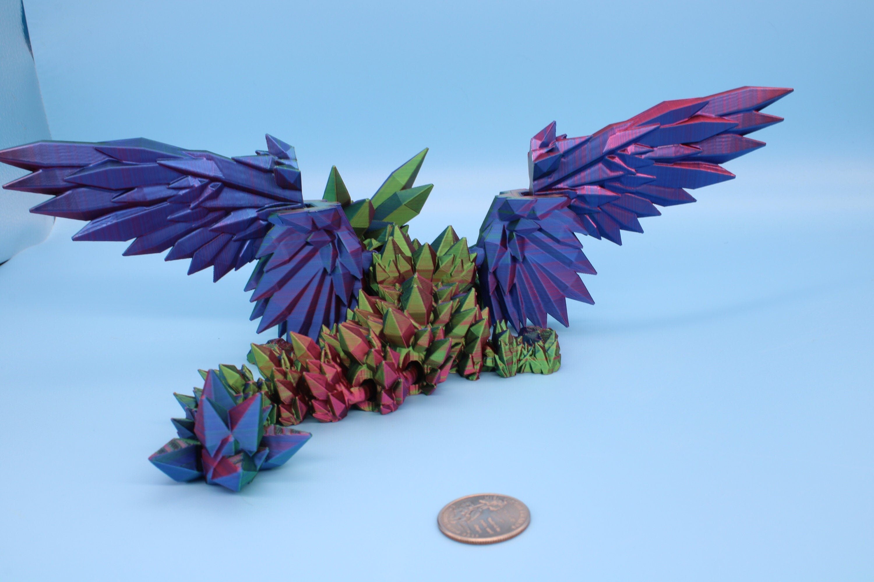 Multi Color, Rainbow Baby Crystal Winged Dragon. 3D printed articulating dragon Fidget, Flexi, Toy 11.5 in. Stress Relief, Gift.