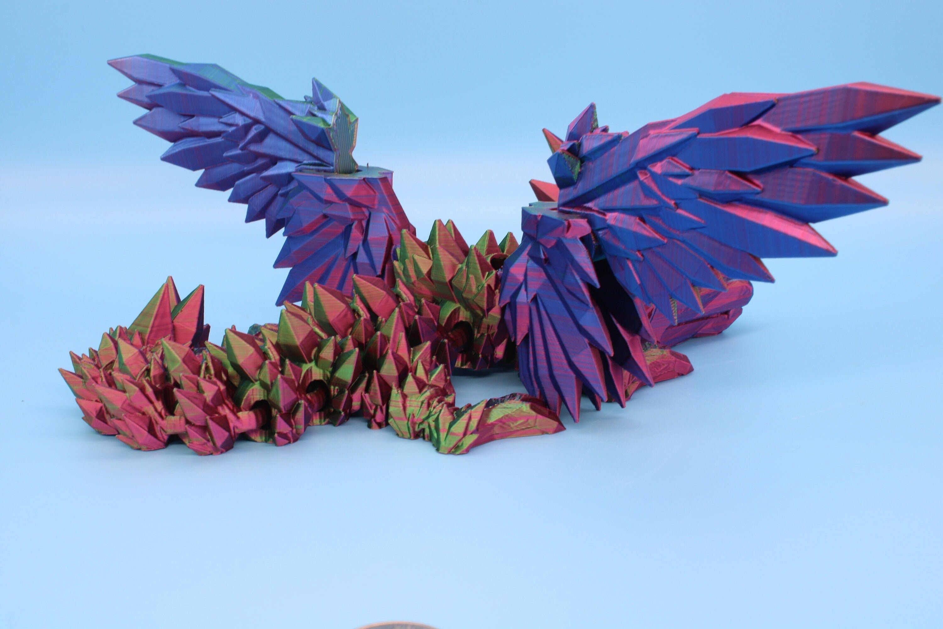 Multi Color, Rainbow Baby Crystal Winged Dragon. 3D printed articulating dragon Fidget, Flexi, Toy 11.5 in. Stress Relief, Gift.