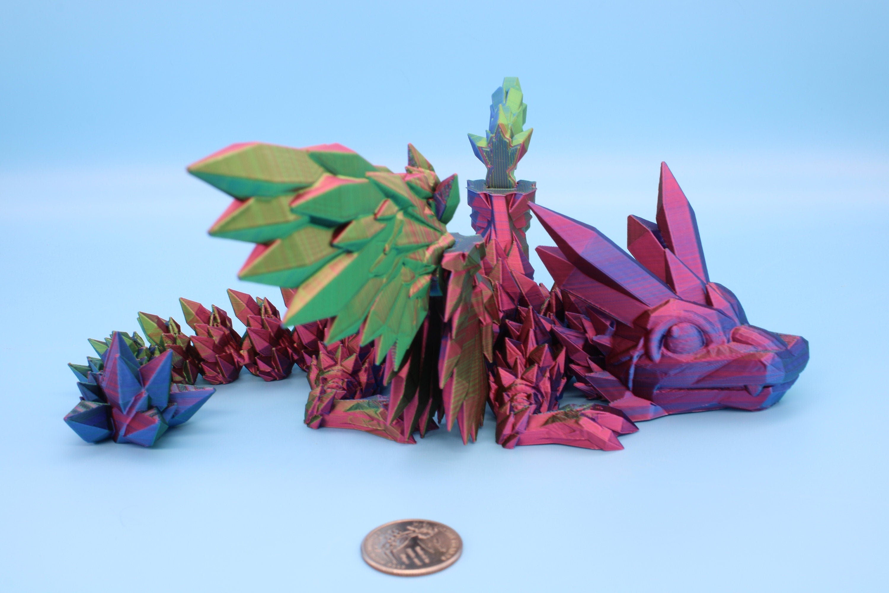 Multi Color, Rainbow Baby Crystal Winged Dragon. 3D printed articulating dragon Fidget, Flexi, Toy 11.5 in. Stress Relief, Gift.