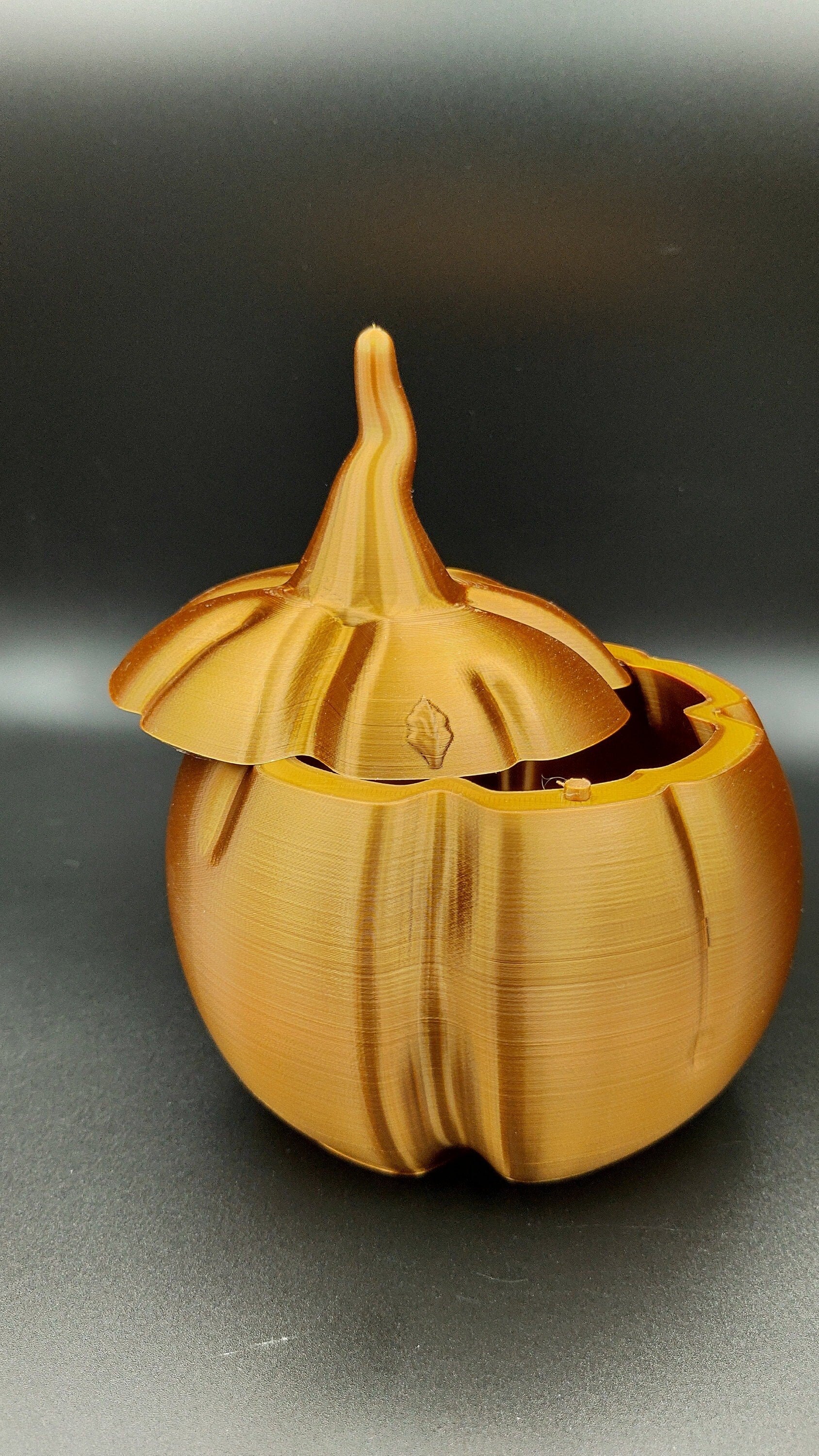 Functional Unique Fall Decor. 15.75 in around, Copper Color Pumpkin Candy Dish, Small Container, Trinket or Jewelry box, Holiday Decoration.