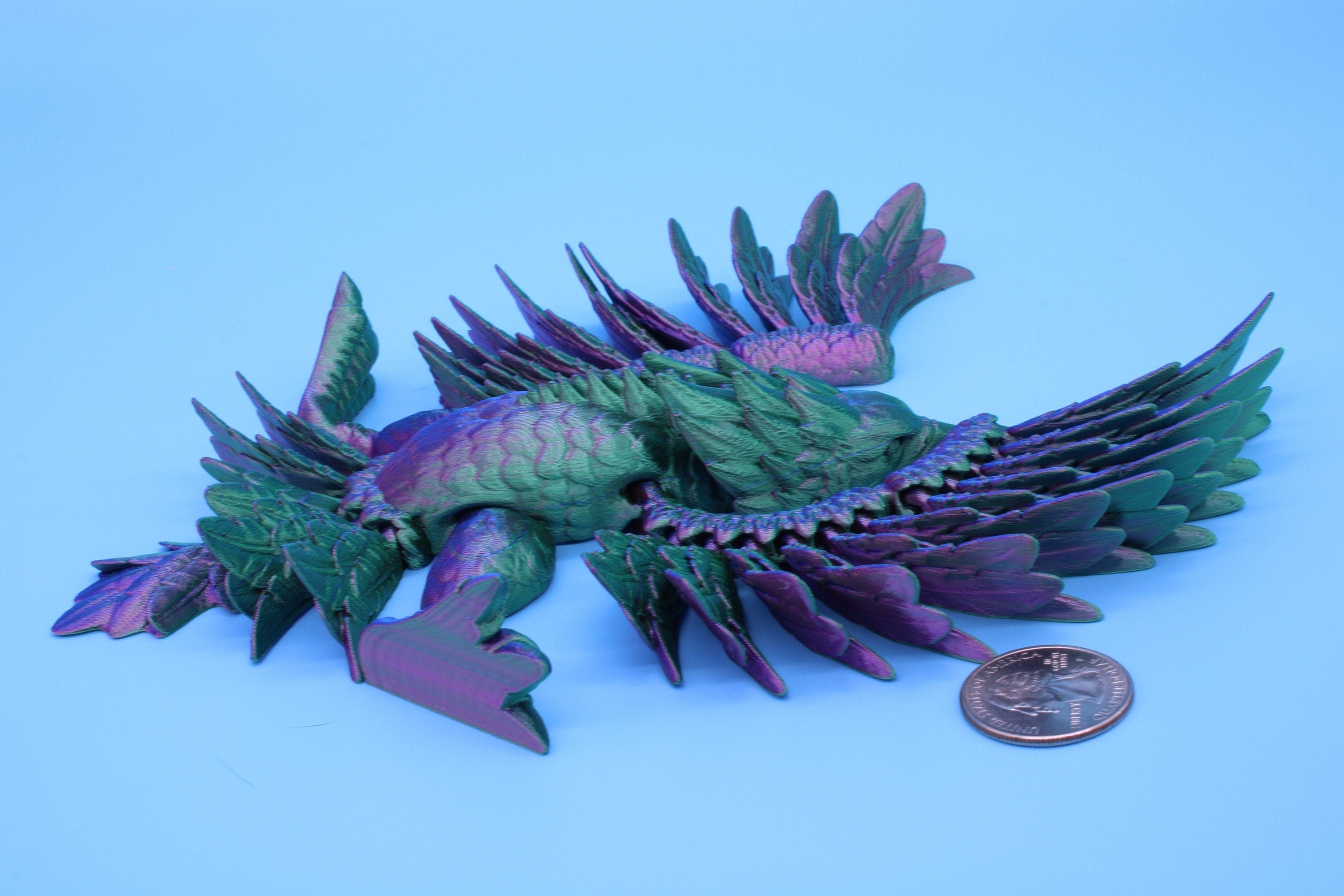 Cute Flexi Multi Color Phoenix. Unique 3D printed. Great Articulating fidget toy, desk, sensory toy. 4 inch Blue, Red, Teal, Green.