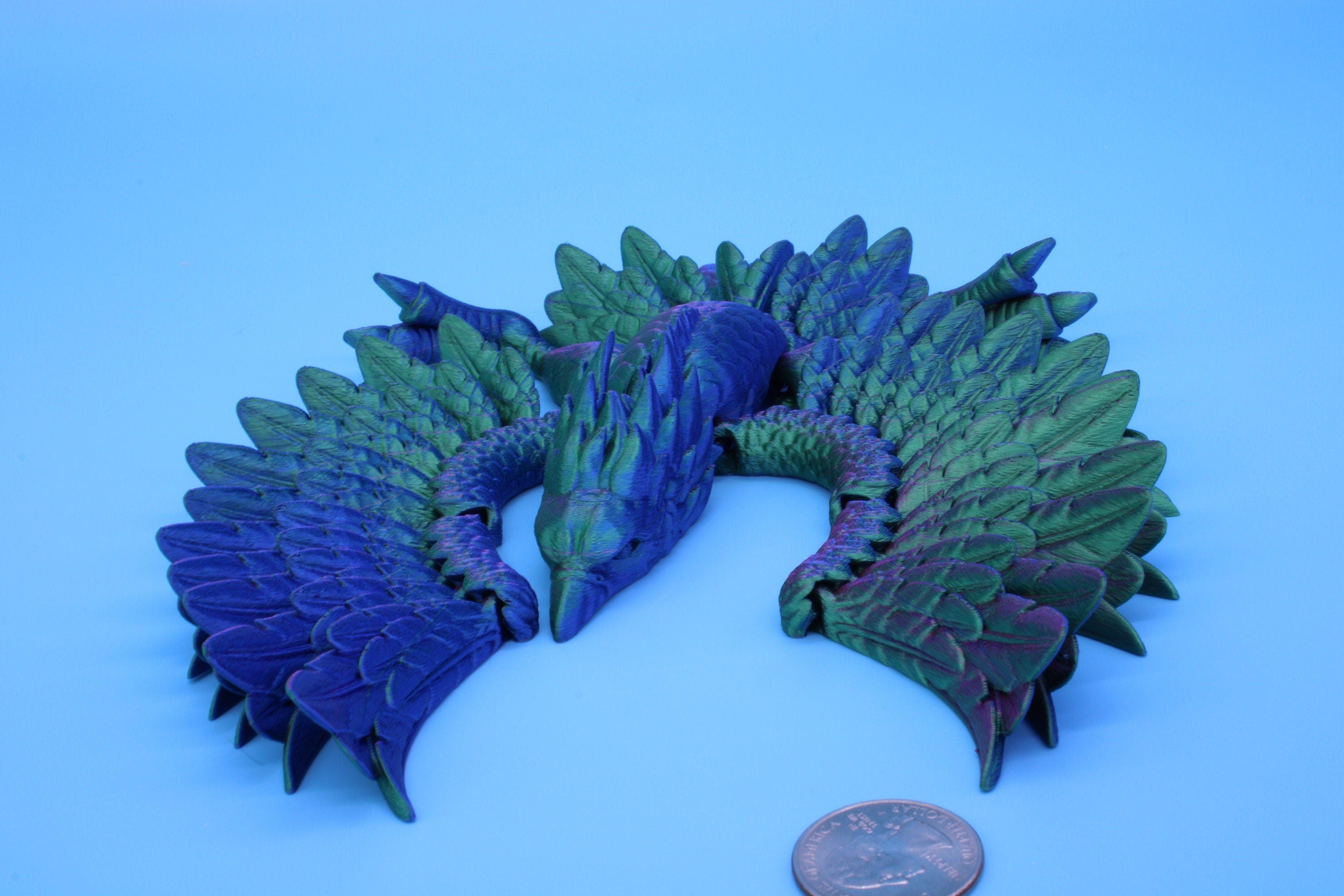 Cute Flexi Multi Color Phoenix. Unique 3D printed. Great Articulating fidget toy, desk, sensory toy. 4 inch Blue, Red, Teal, Green.