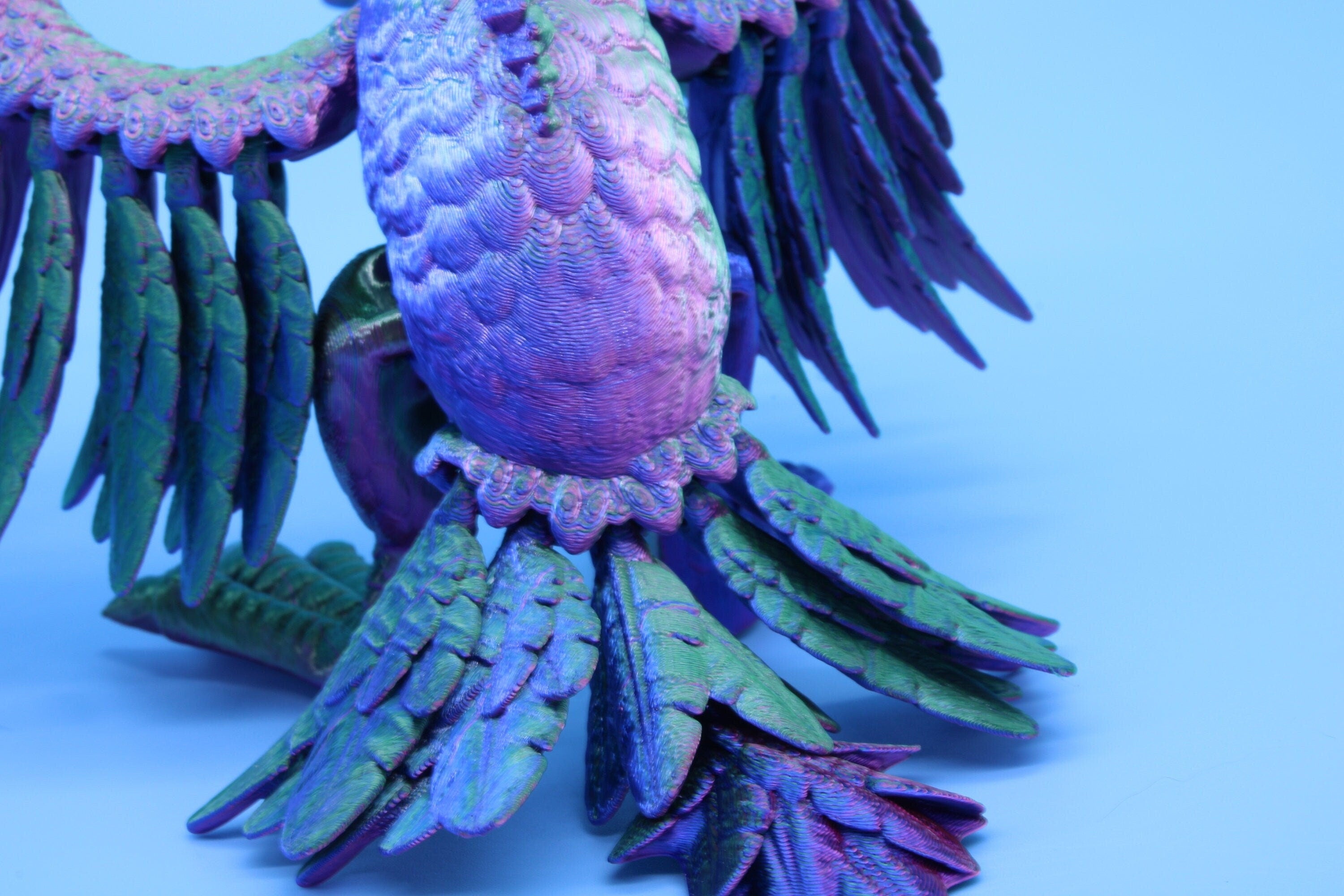 Cute Flexi Multi Color Phoenix. Unique 3D printed. Great Articulating fidget toy, desk, sensory toy. 4 inch Blue, Red, Teal, Green.