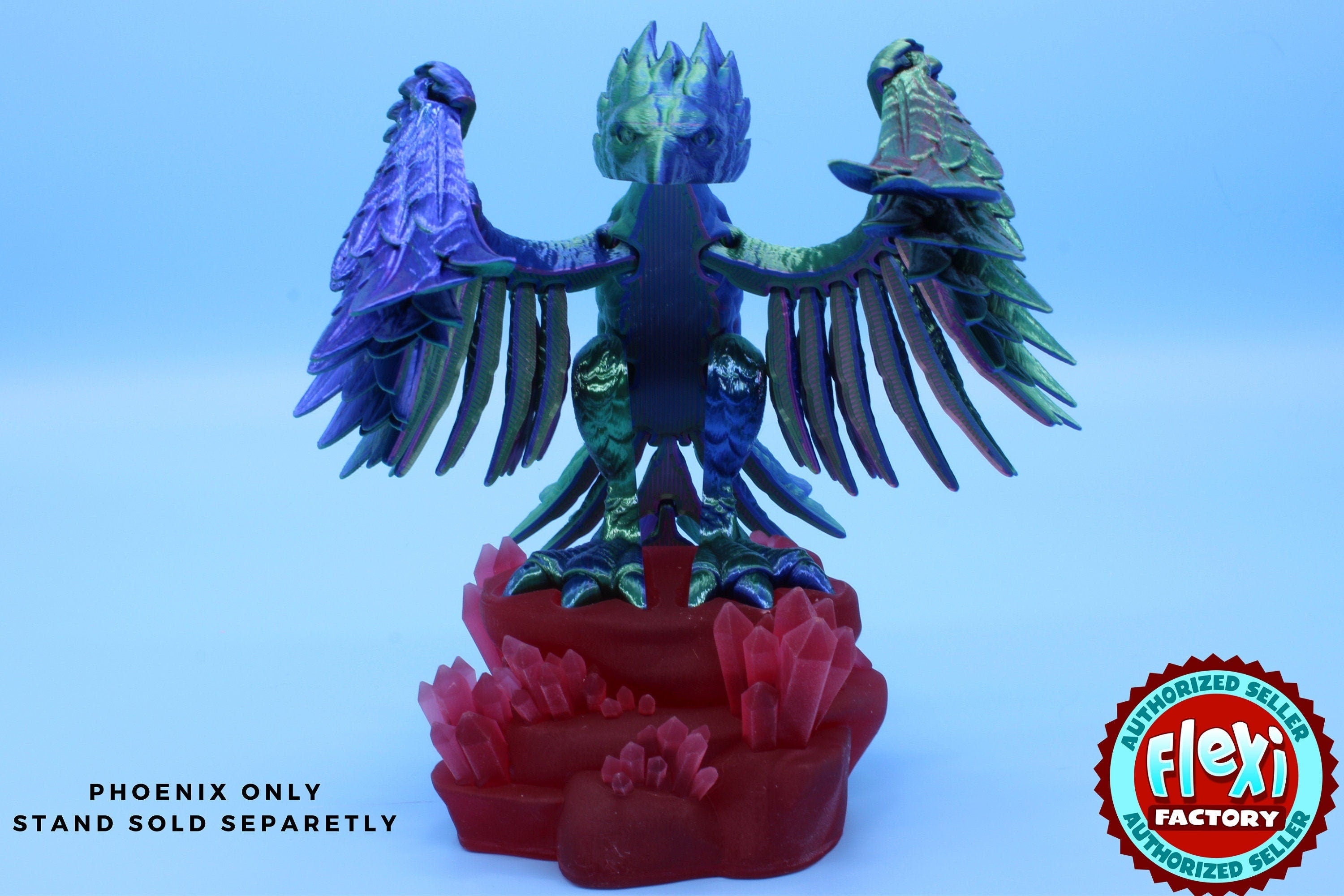 Cute Flexi Multi Color Phoenix. Unique 3D printed. Great Articulating fidget toy, desk, sensory toy. 4 inch Blue, Red, Teal, Green.