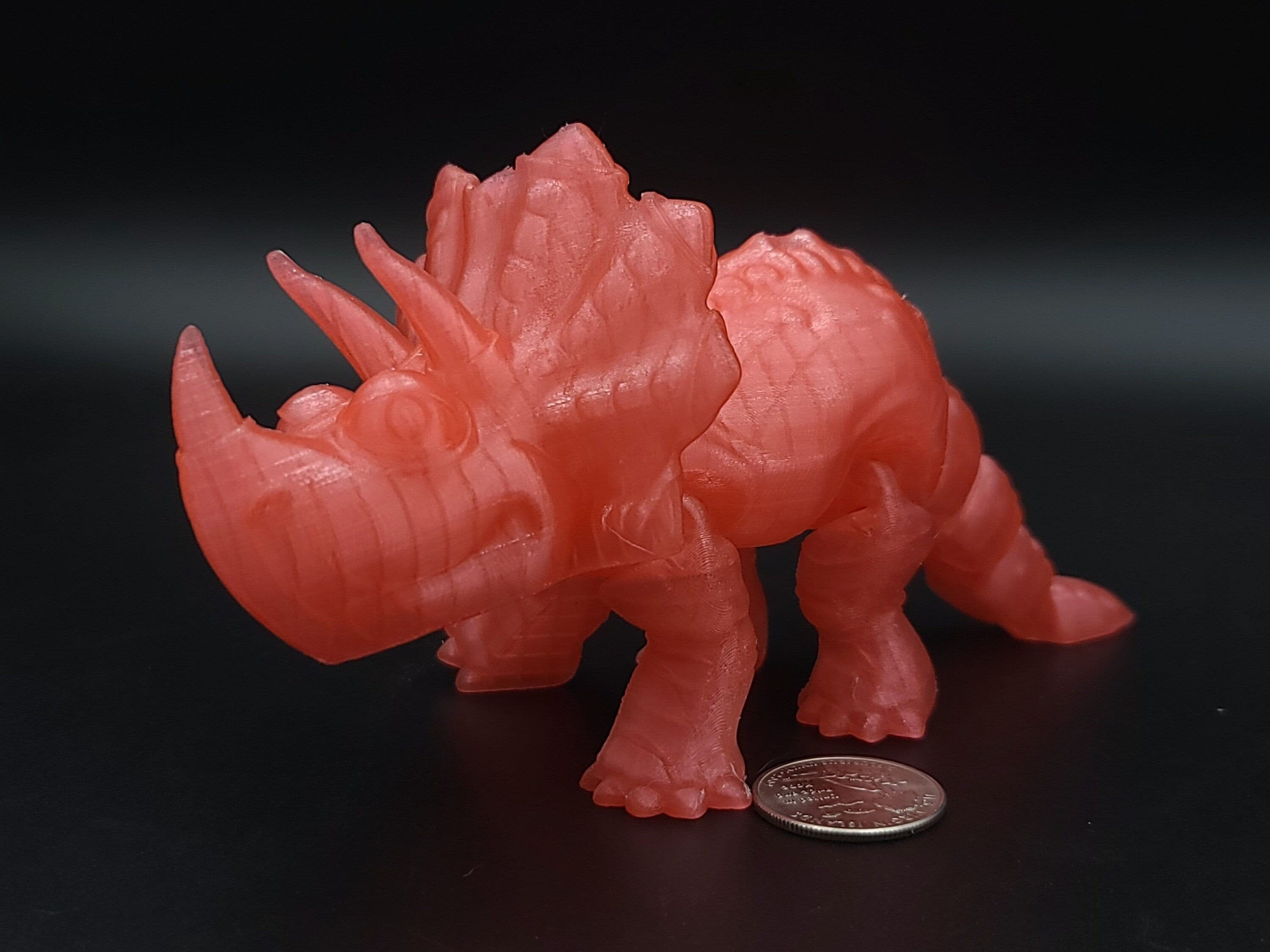 Cute Flexi Watermelon Red Translucent Triceratops. Unique 3D printed Triceratops. Great Articulating fidget toy, desk, sensory toy. 6.5 inch