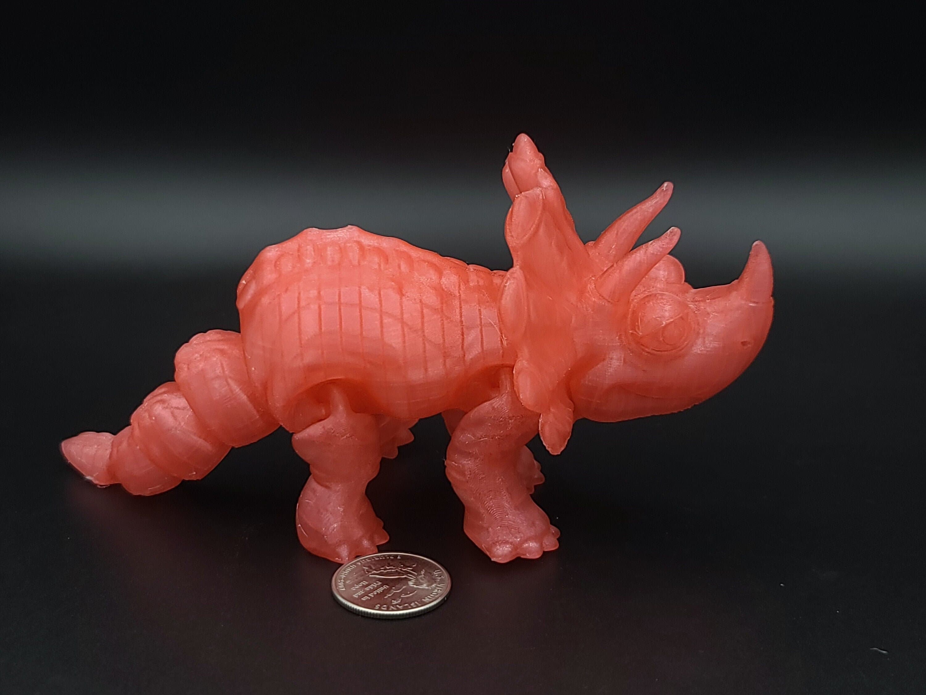 Cute Flexi Watermelon Red Translucent Triceratops. Unique 3D printed Triceratops. Great Articulating fidget toy, desk, sensory toy. 6.5 inch