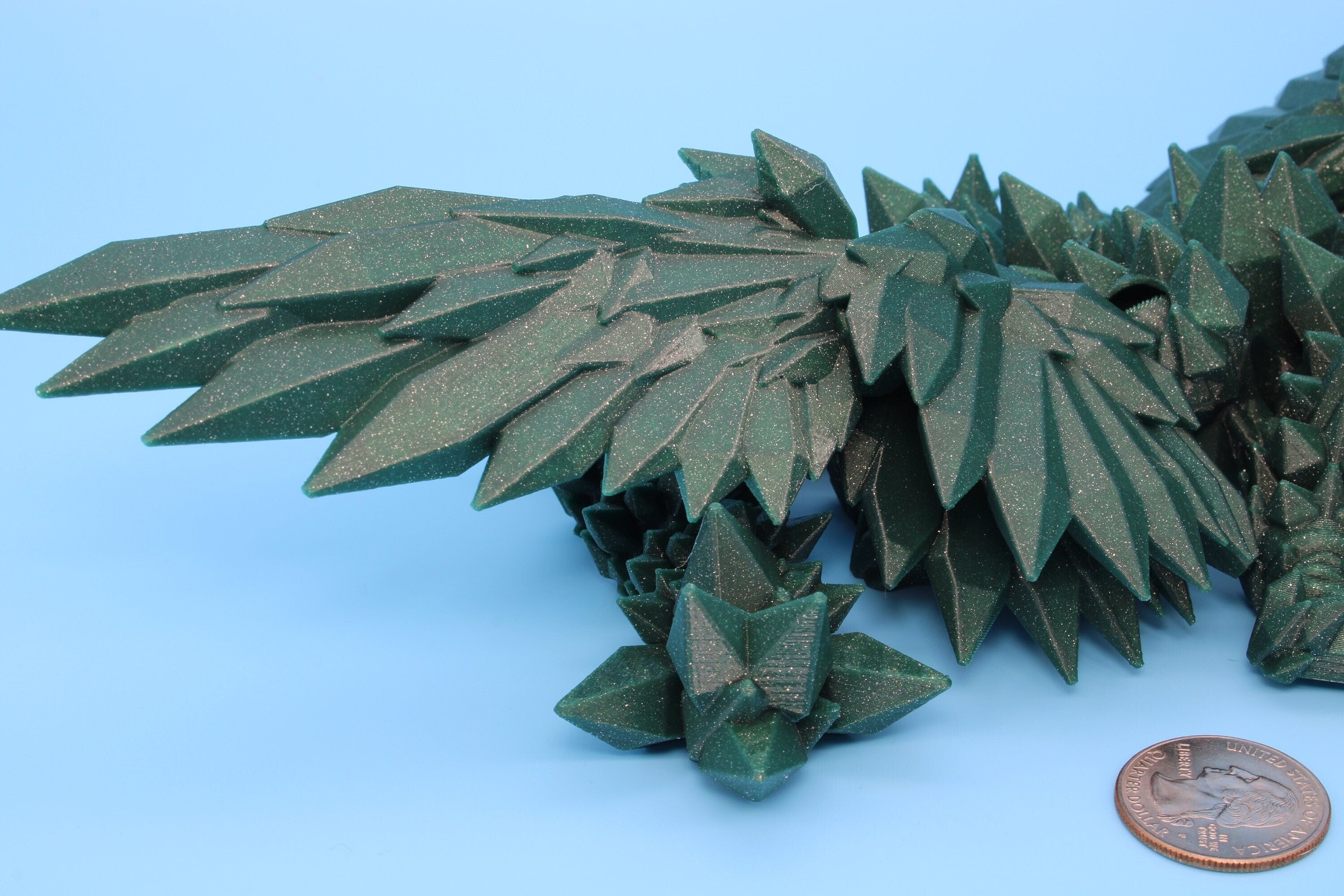 Green Sparkle Baby Crystal Winged Dragon | 3D printed articulating | Fidget Toy | Flexi Toy | 11.5 in. | Stress Relief | Dragon Gift.