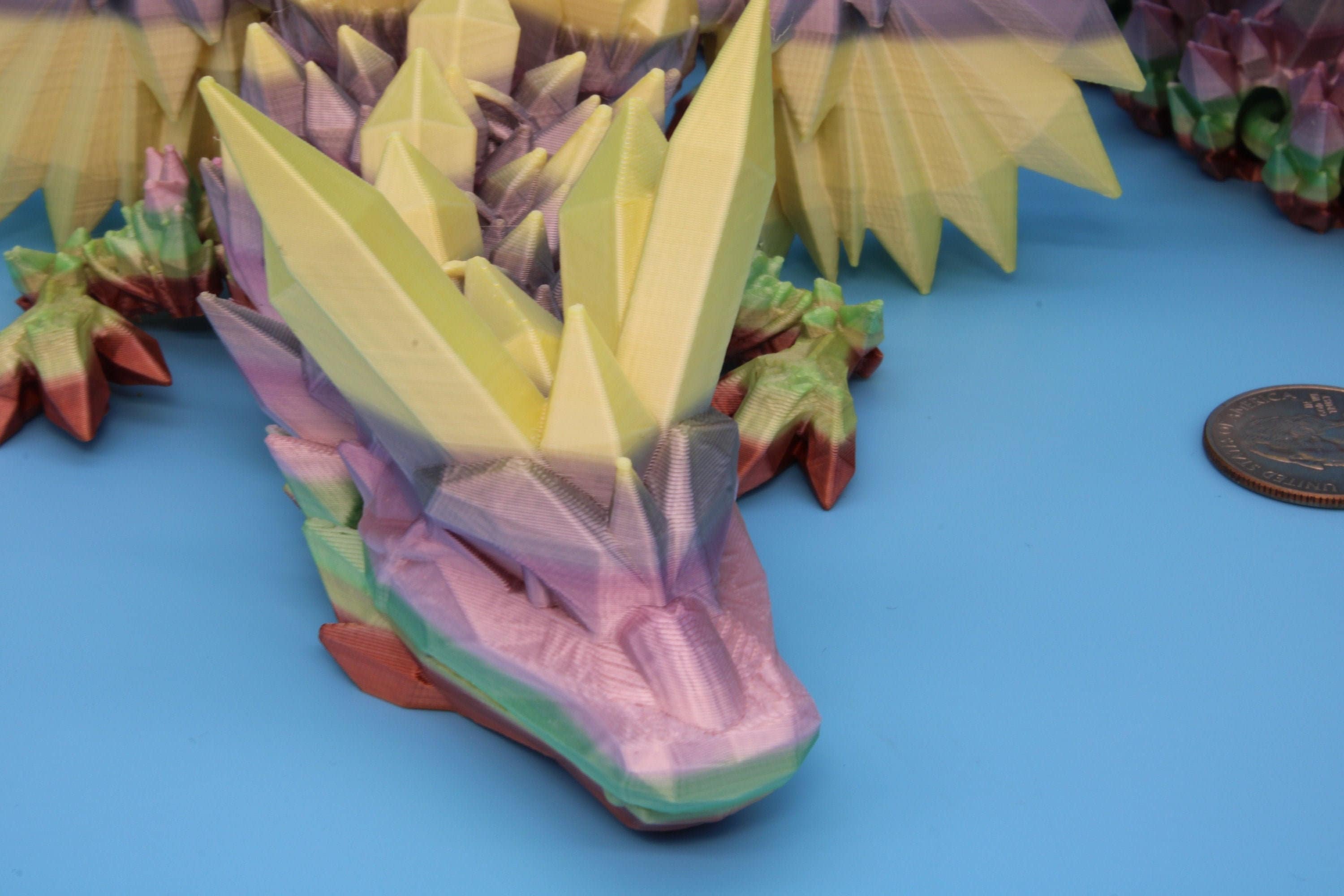Flawed Rainbow Crystal Winged Dragon. Crystal Wing Dragon 3D printed articulating dragon. flexi Toy, 18 in. Stress Relief, Gift.