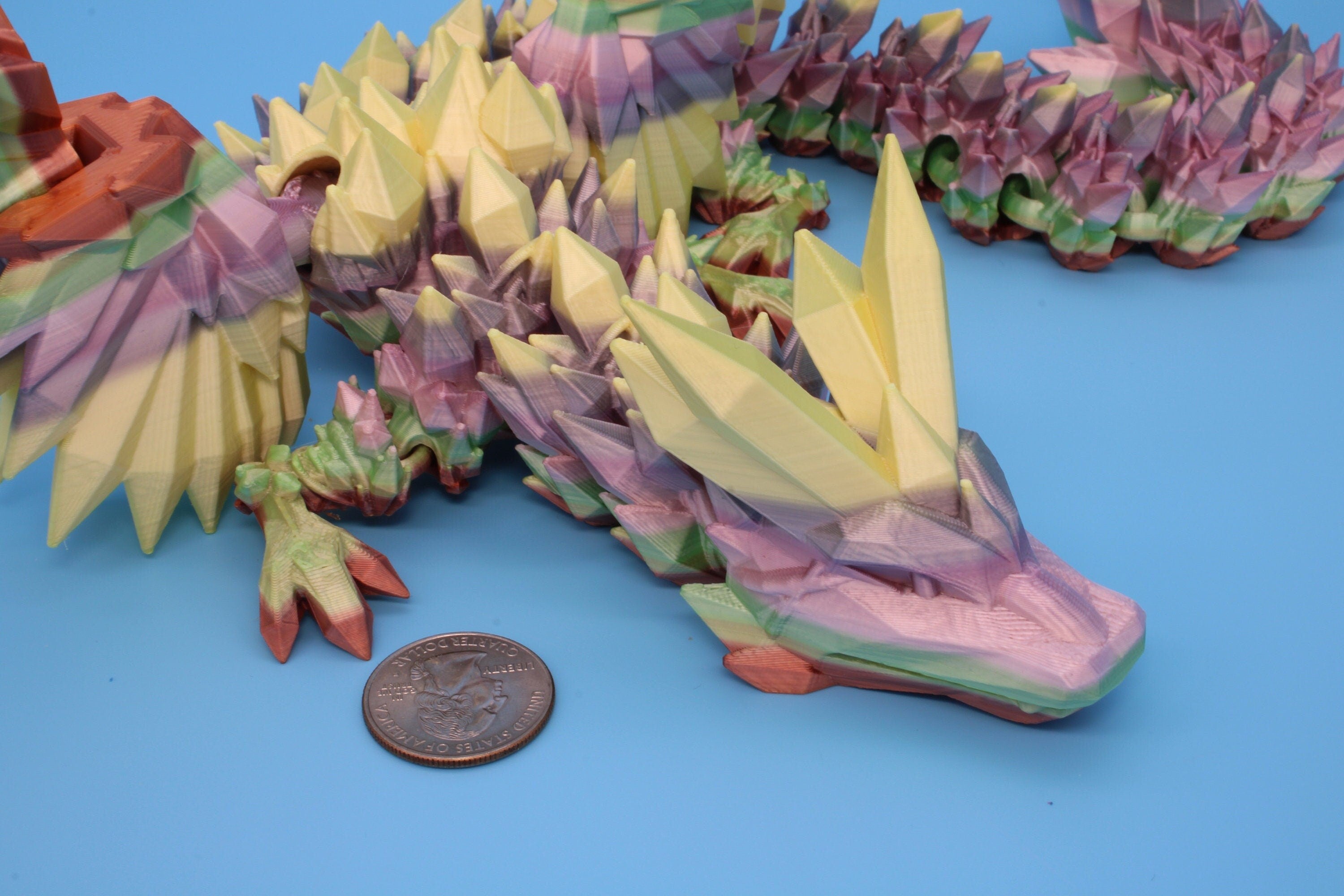 Flawed Rainbow Crystal Winged Dragon. Crystal Wing Dragon 3D printed articulating dragon. flexi Toy, 18 in. Stress Relief, Gift.