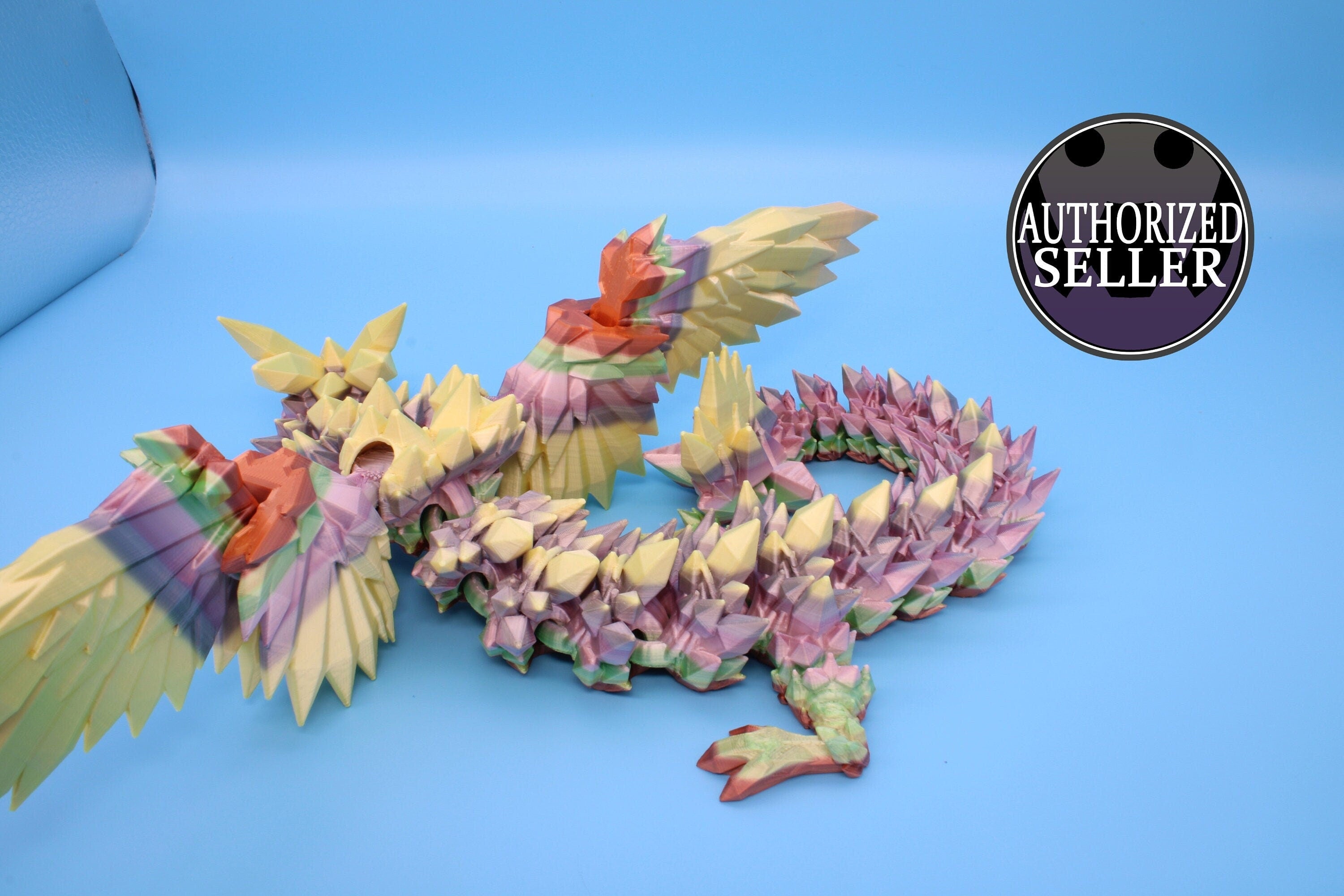 Flawed Rainbow Crystal Winged Dragon. Crystal Wing Dragon 3D printed articulating dragon. flexi Toy, 18 in. Stress Relief, Gift.