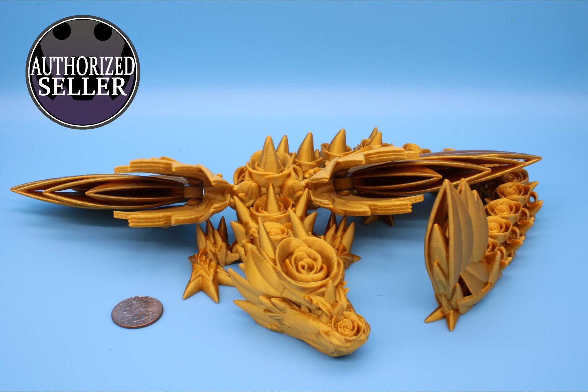 Gold Rose Wing Articulating Dragon | 3D Printed Fidget | Flexi Toy | Adult Fidget Toy | Sensory Desk Toy | 19 in. | Valentines Day