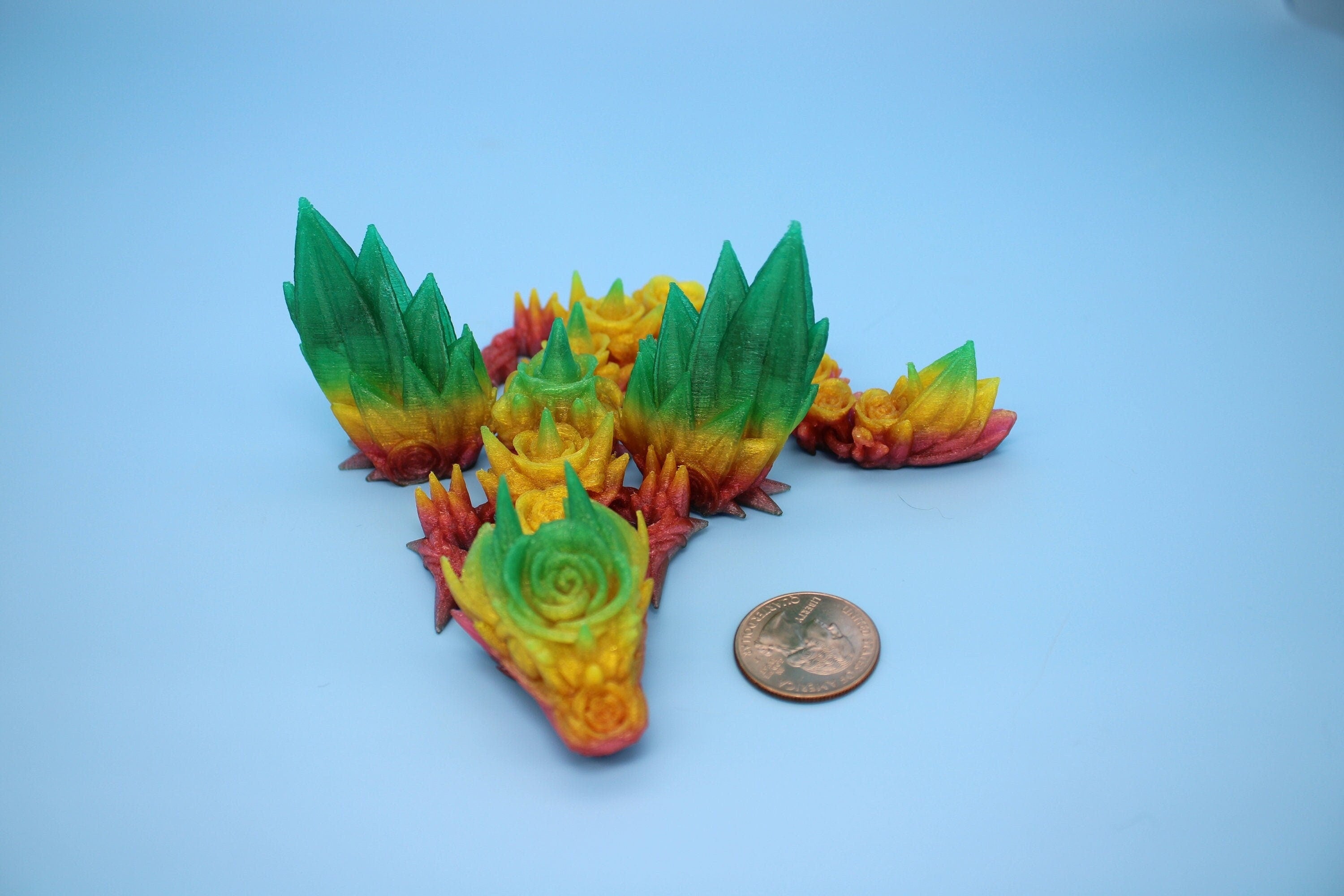 Flexible Miniature Baby Rose Wing Dragon | Rainbow | 3D printed articulating Toy Fidget | Flexi Toy 8.5 in. head to tail | Stress Relief.