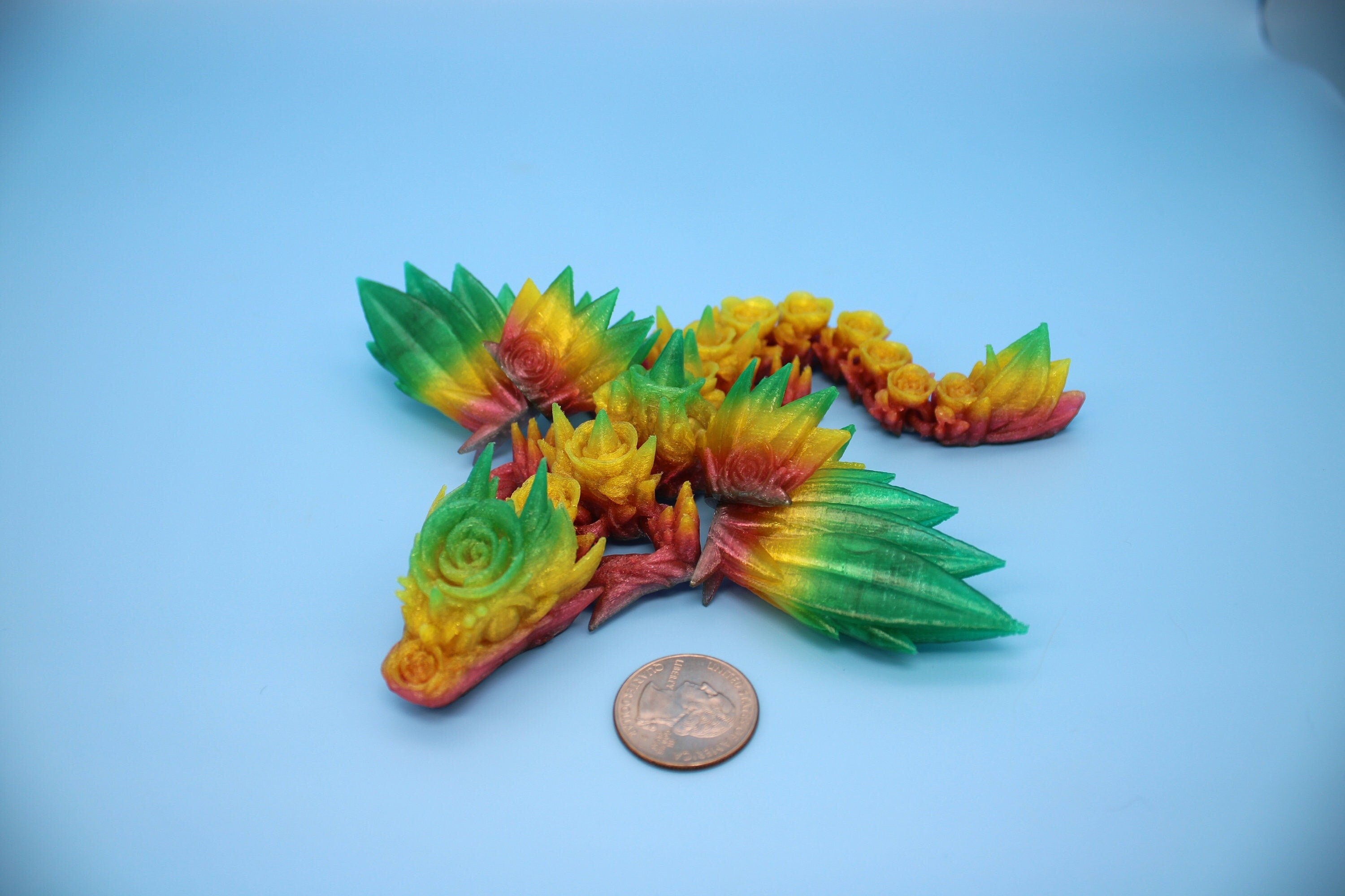 Flexible Miniature Baby Rose Wing Dragon | Rainbow | 3D printed articulating Toy Fidget | Flexi Toy 8.5 in. head to tail | Stress Relief.