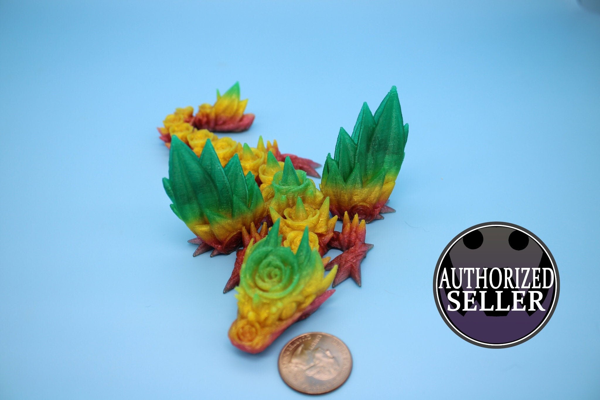 Flexible Miniature Baby Rose Wing Dragon | Rainbow | 3D printed articulating Toy Fidget | Flexi Toy 8.5 in. head to tail | Stress Relief.