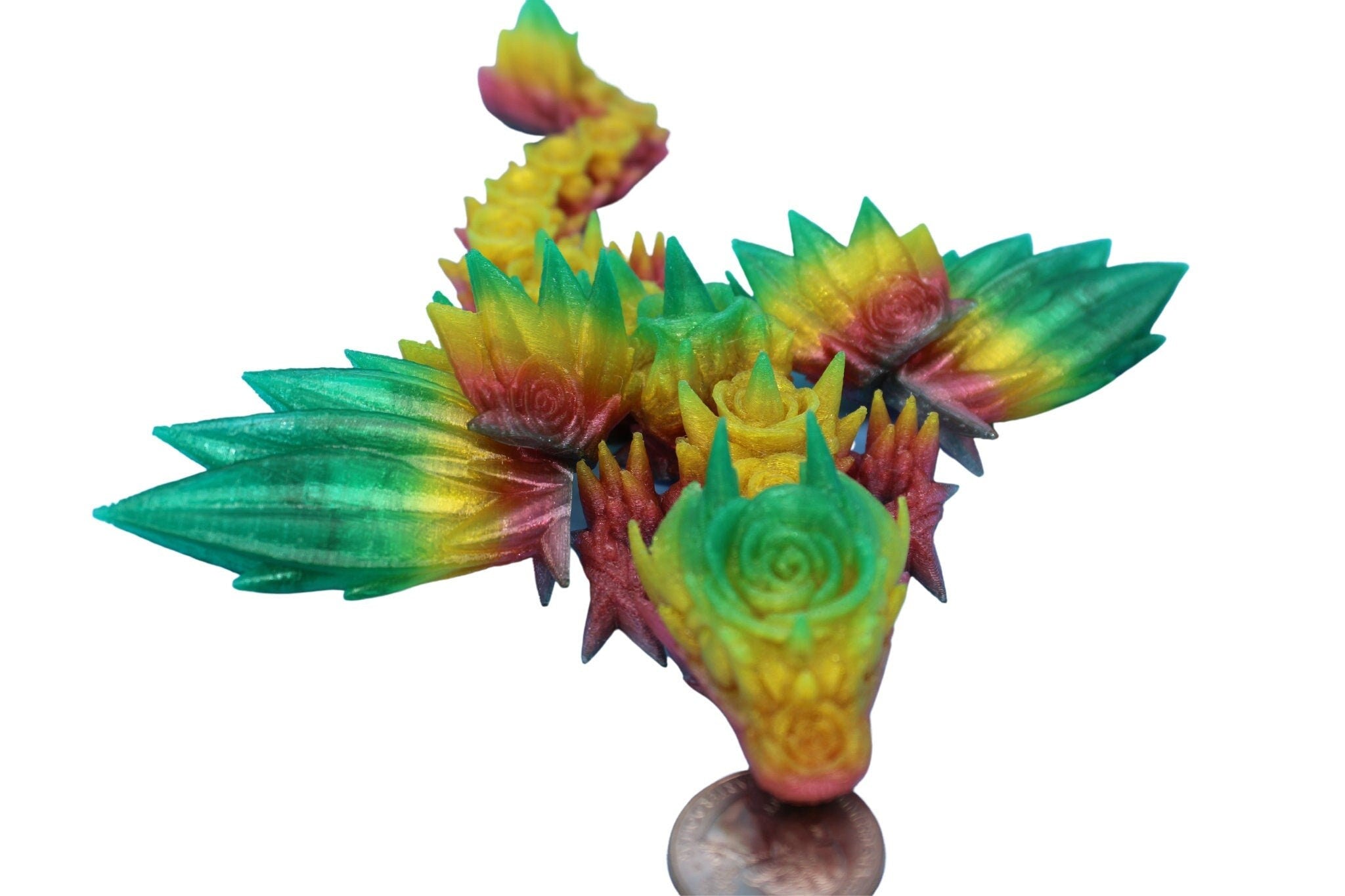 Flexible Miniature Baby Rose Wing Dragon | Rainbow | 3D printed articulating Toy Fidget | Flexi Toy 8.5 in. head to tail | Stress Relief.