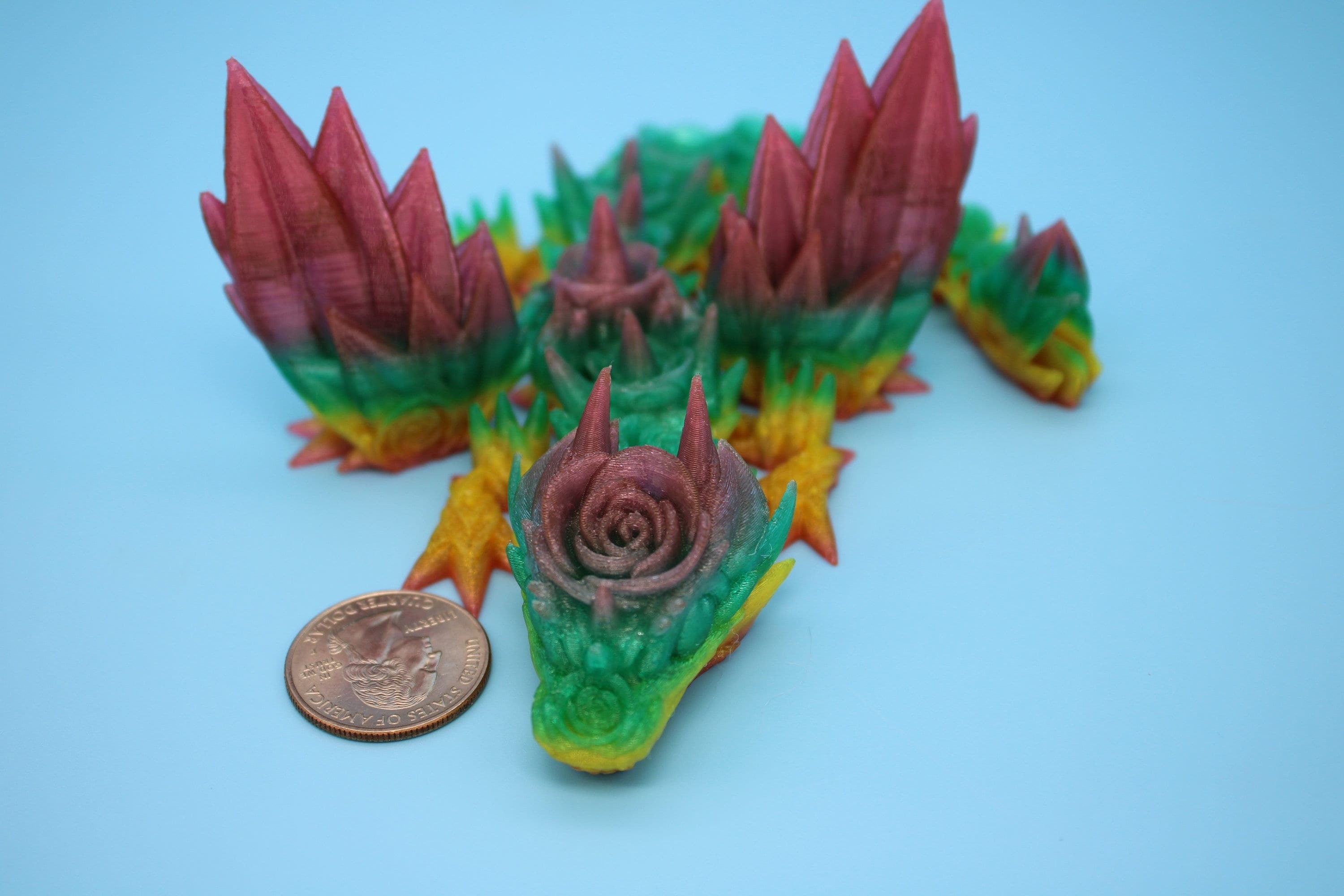 Flexible Miniature Baby Rose Wing Dragon | Rainbow | 3D printed articulating Toy Fidget | Flexi Toy 8.5 in. head to tail | Stress Relief.