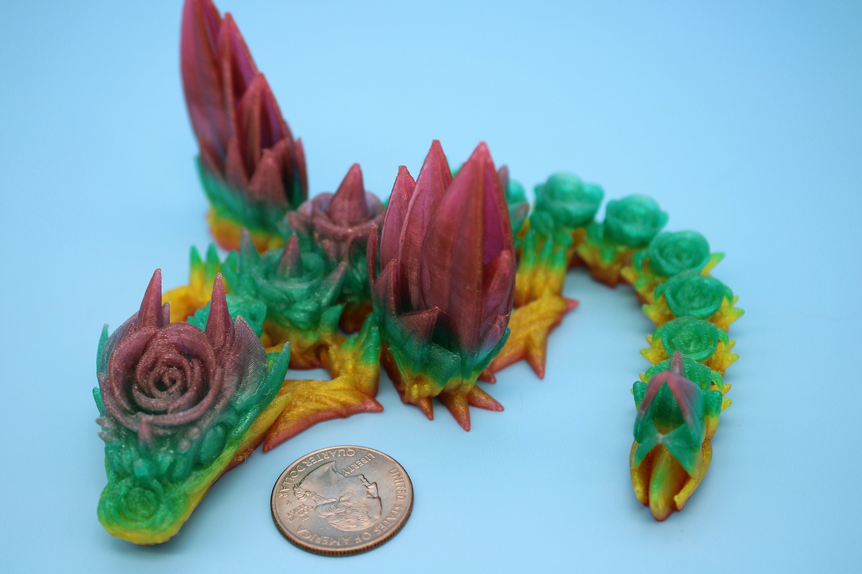 Flexible Miniature Baby Rose Wing Dragon | Rainbow | 3D printed articulating Toy Fidget | Flexi Toy 8.5 in. head to tail | Stress Relief.