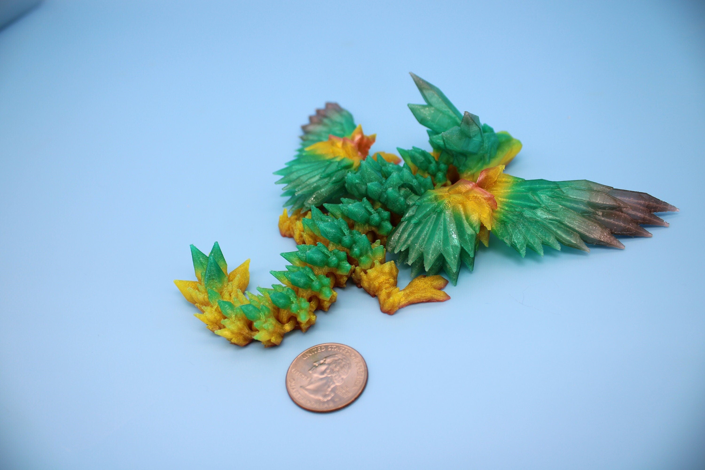 Flexible Miniature Baby Crystal Winged Dragon | Rainbow | 3D Printed Articulating Toy Fidget | Flexi Toy 7 in. head to tail | Stress Relief