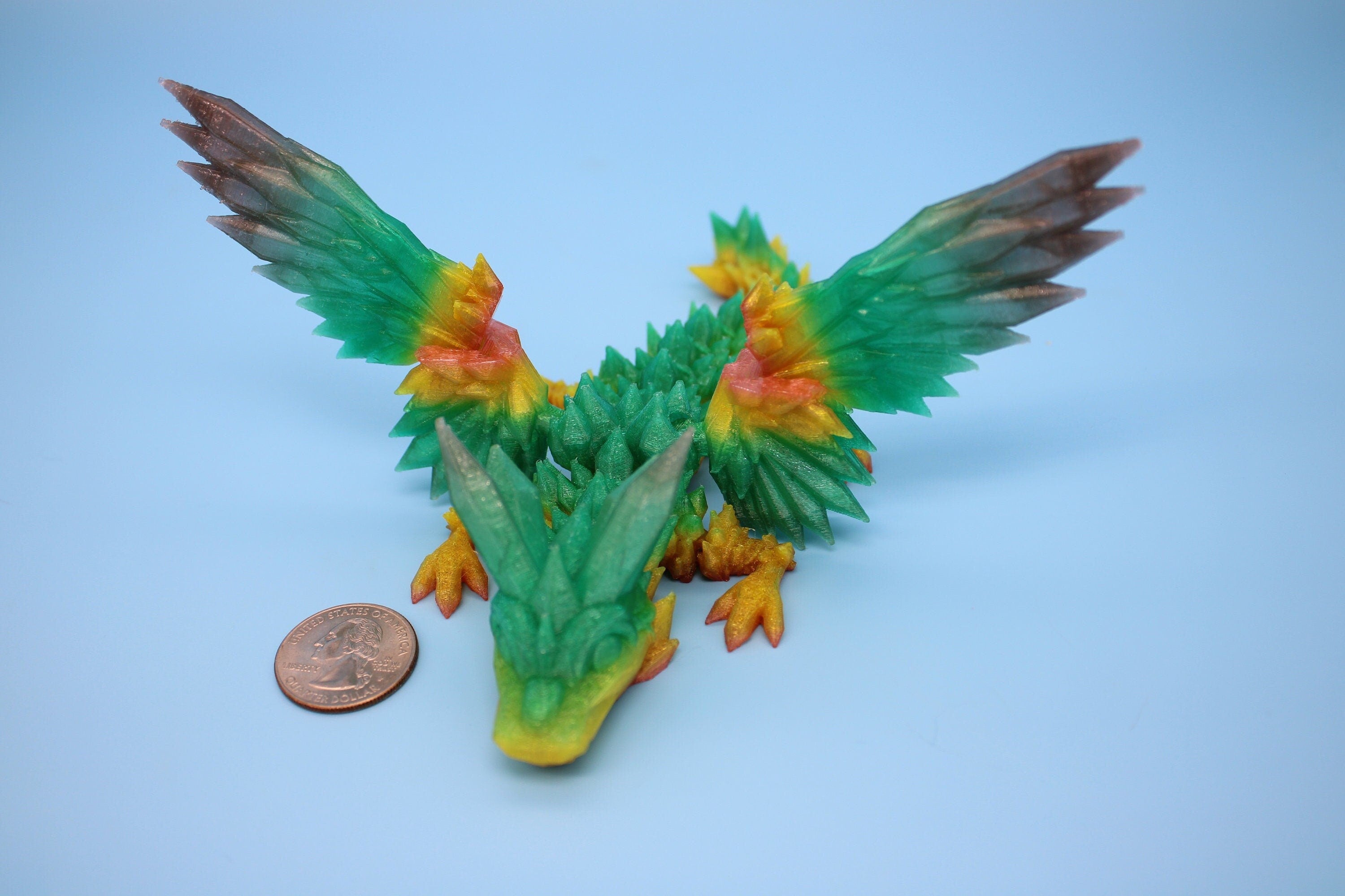 Flexible Miniature Baby Crystal Winged Dragon | Rainbow | 3D Printed Articulating Toy Fidget | Flexi Toy 7 in. head to tail | Stress Relief