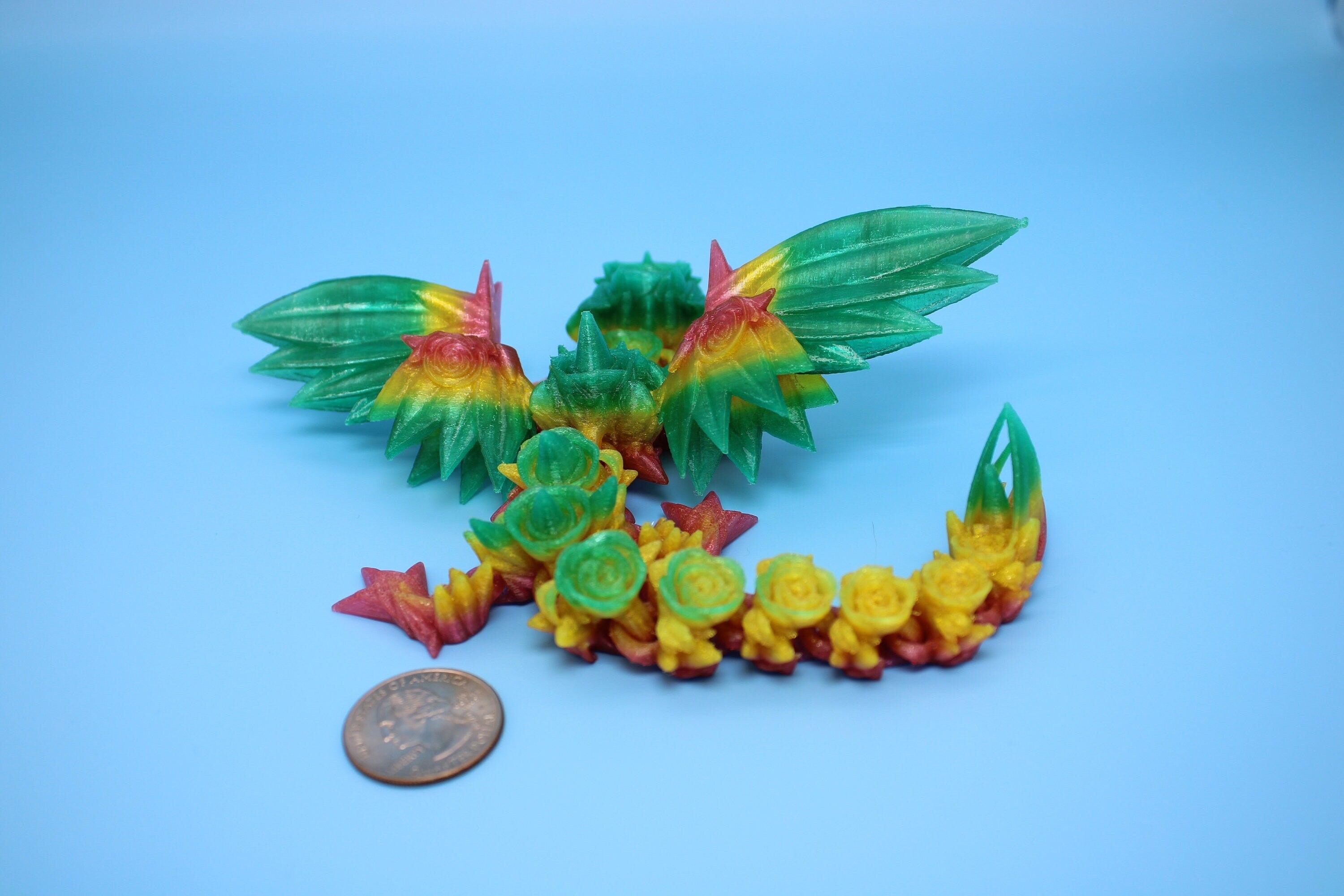 Flexible Miniature Baby Rose Wing Dragon | Rainbow | 3D printed articulating Toy Fidget | Flexi Toy 8.5 in. head to tail | Stress Relief.