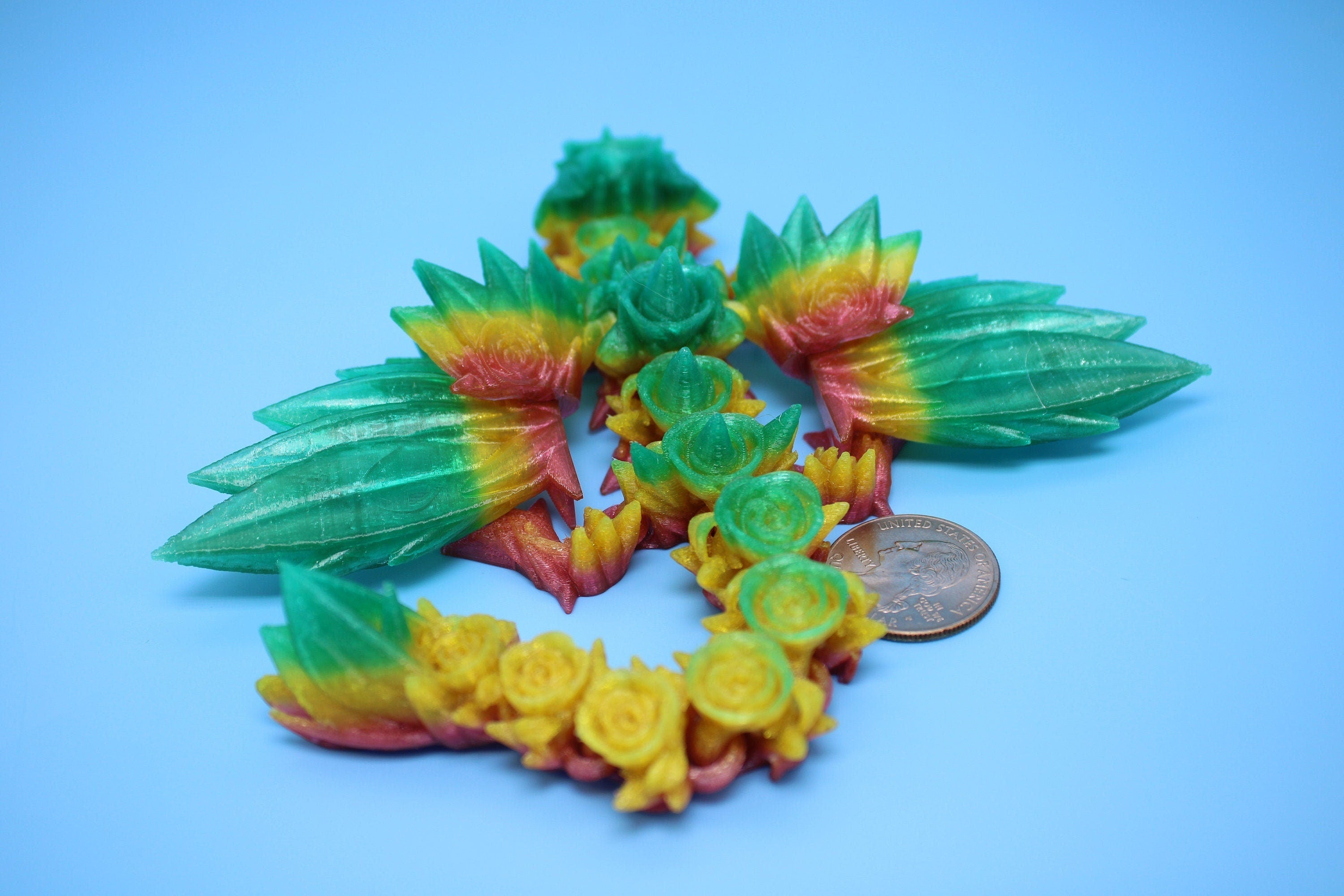 Flexible Miniature Baby Rose Wing Dragon | Rainbow | 3D printed articulating Toy Fidget | Flexi Toy 8.5 in. head to tail | Stress Relief.